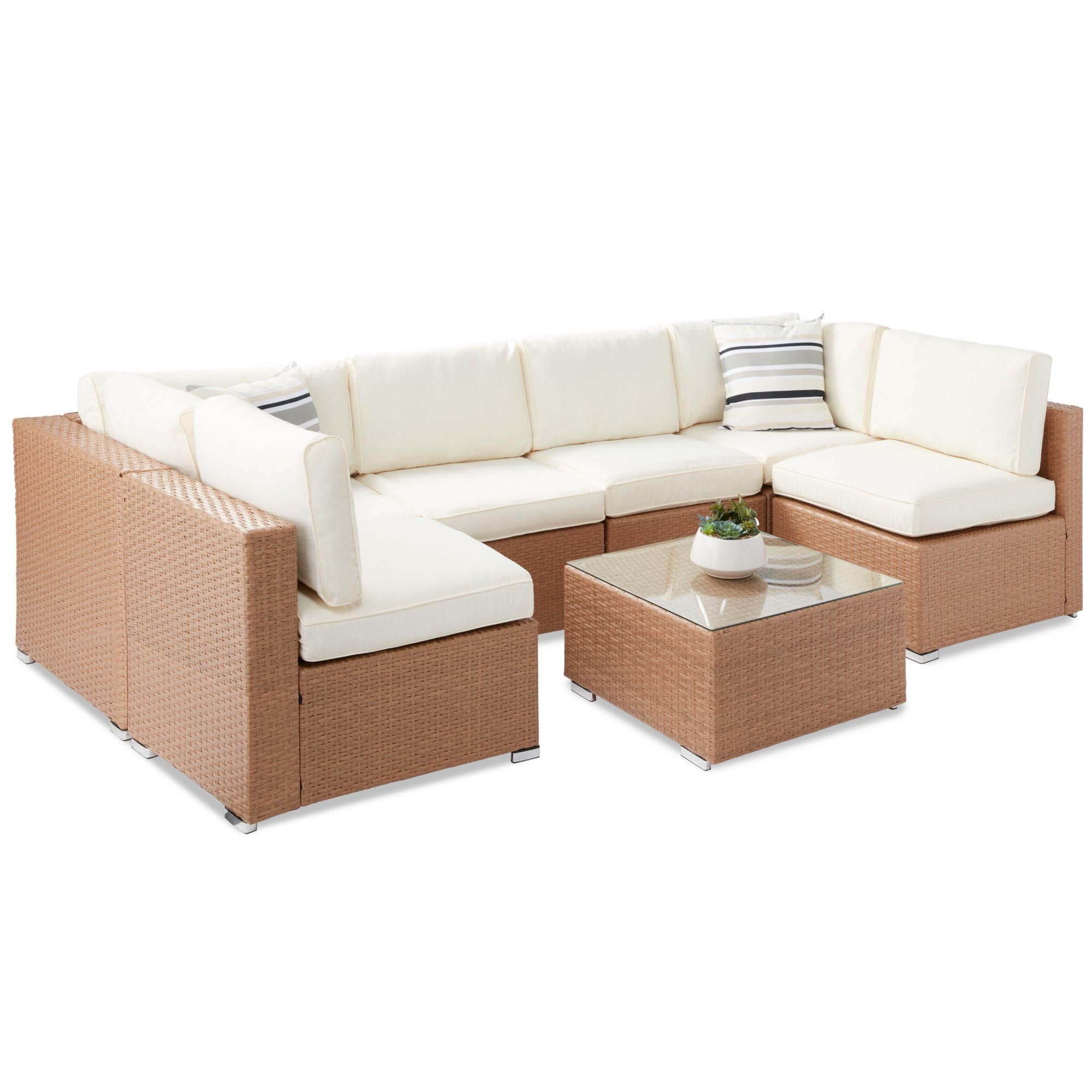 COSTWAY 5 pcs Outdoor Patio Furniture Wicker Sectional Sofa Conversation Set with Cushions,Garden, Park, Porch, Patio, Poolside, Backyard (Beige and Off White)