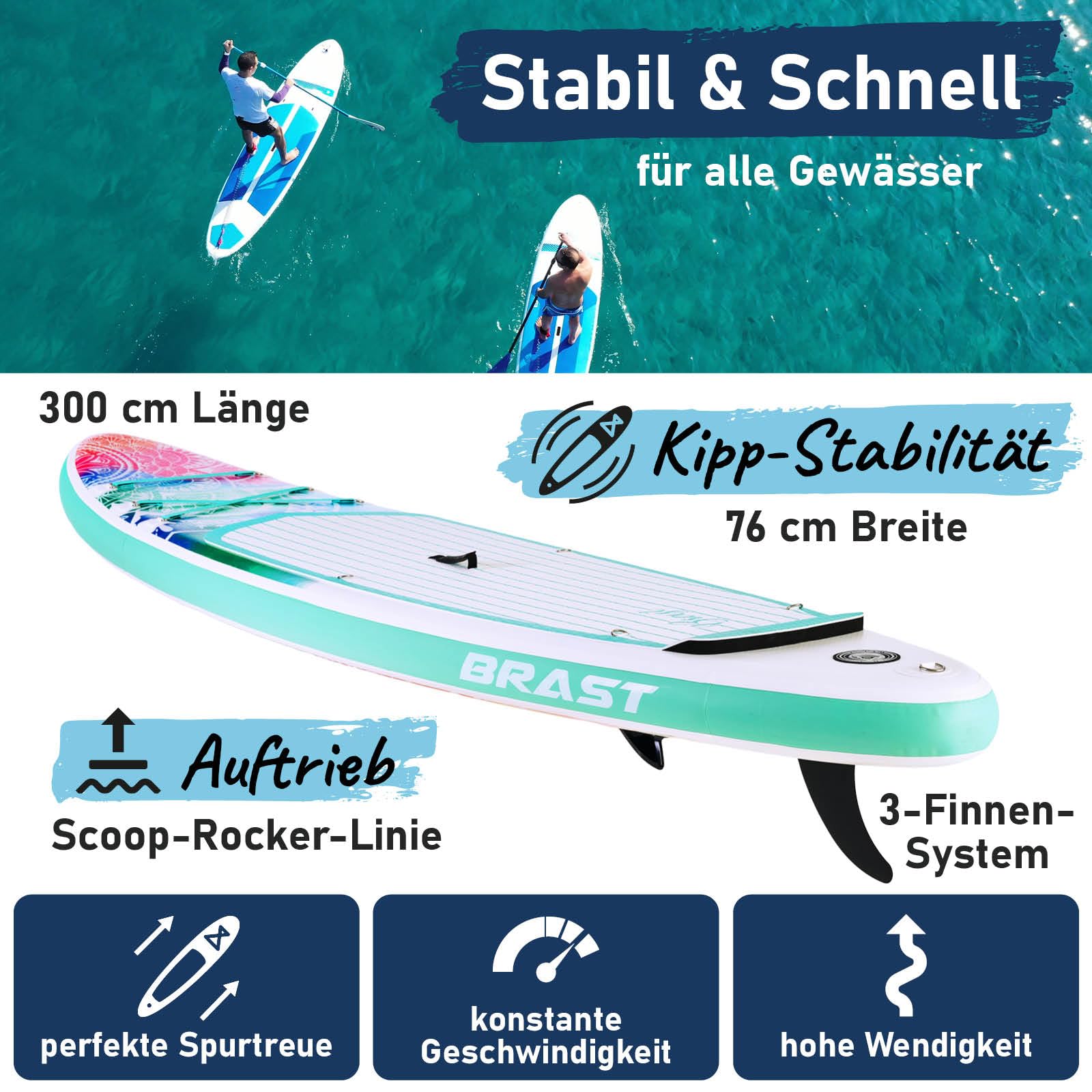 BRAST SUP Board Lady | Aufblasbares Stand up Paddle Set für Frauen | 300cm viele Modelle | inkl. Sonderzubehör | 2in1 Paddel Kajak-Sitz Action-Cam-Halterung Fußschlaufe Pumpe Rucksack