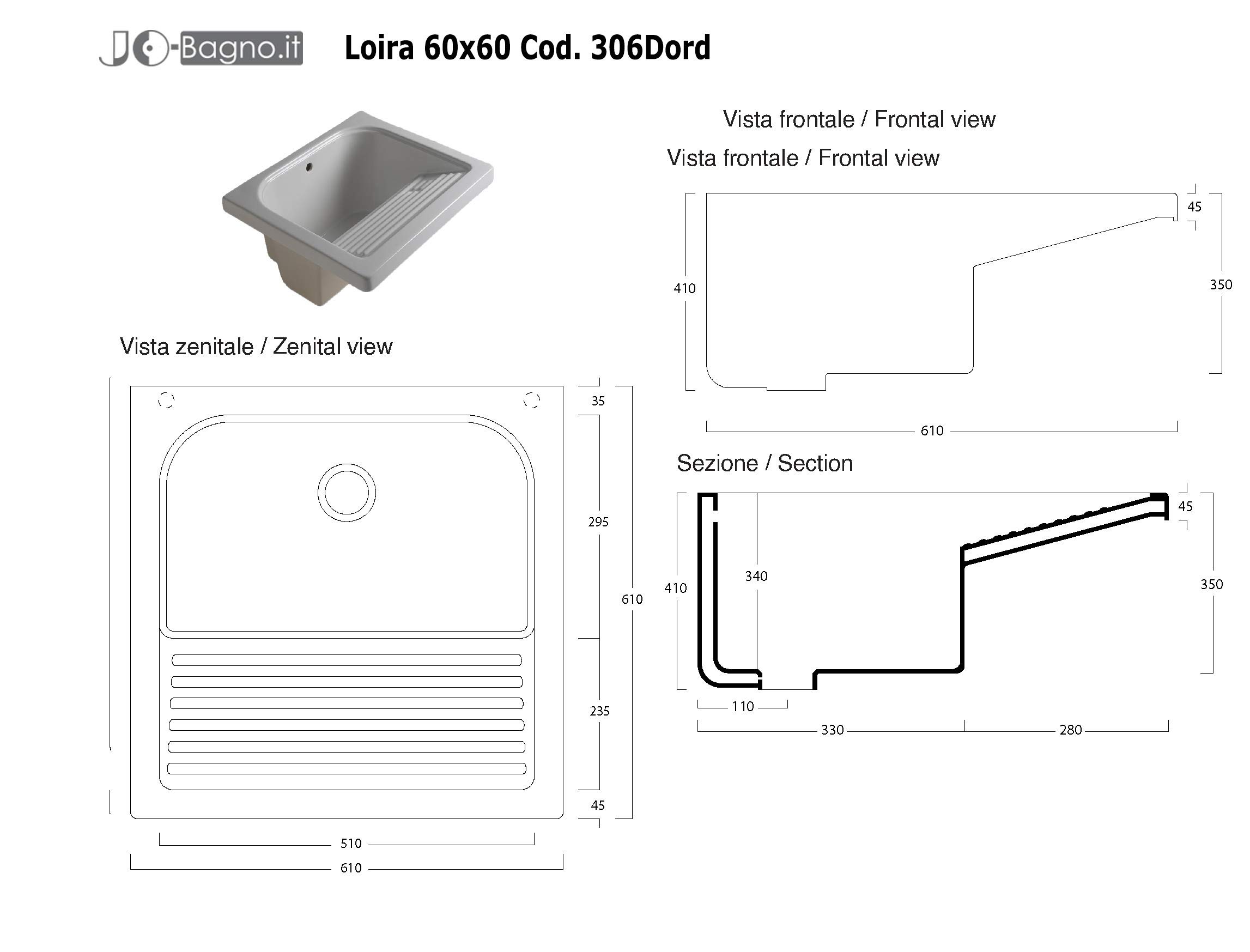 Mobile LAVATOIO Ceramica 60 x 60 x H 86 DOMINA Design Bianco Incluso di PILETTA in Acciaio E SIFONE Pilozza Profonda 33 cm con strizzatoio