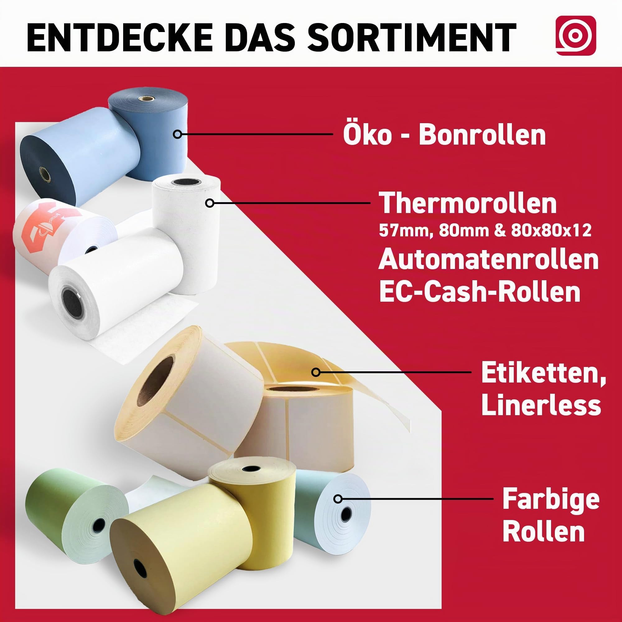 Linerless Thermoetiketten 58 mm x 65 m x 40 mm Kern - 24x trägerlose Etiketten selbstklebend ohne Träger mit Ø ca. 95 mm - passend für Bizerba, Mettler Toledo - Thermo Etiketten für Waagen