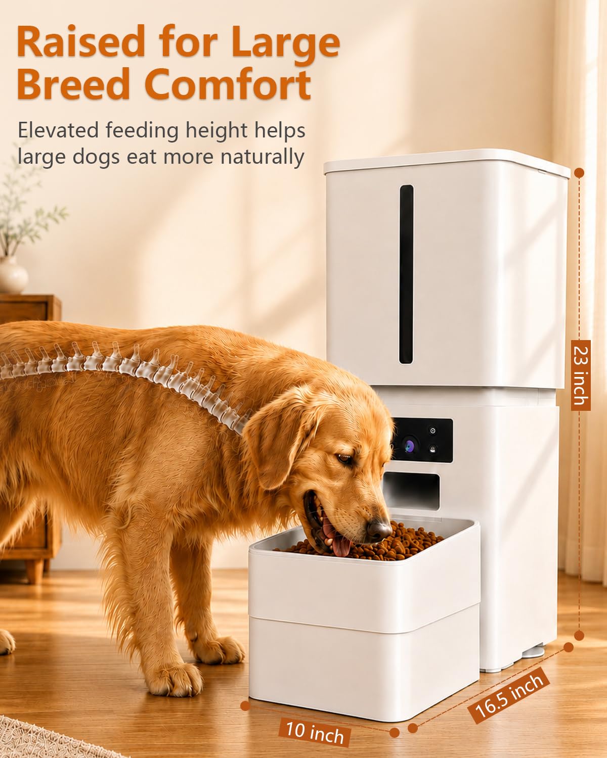 Comedero automático para perros de raza grande: capacidad de 15 L/63 tazas para croquetas de hasta 22 mm, alimentador lento antiobstrucciones con soporte elevado, con cámara HD con WiFi y fácil