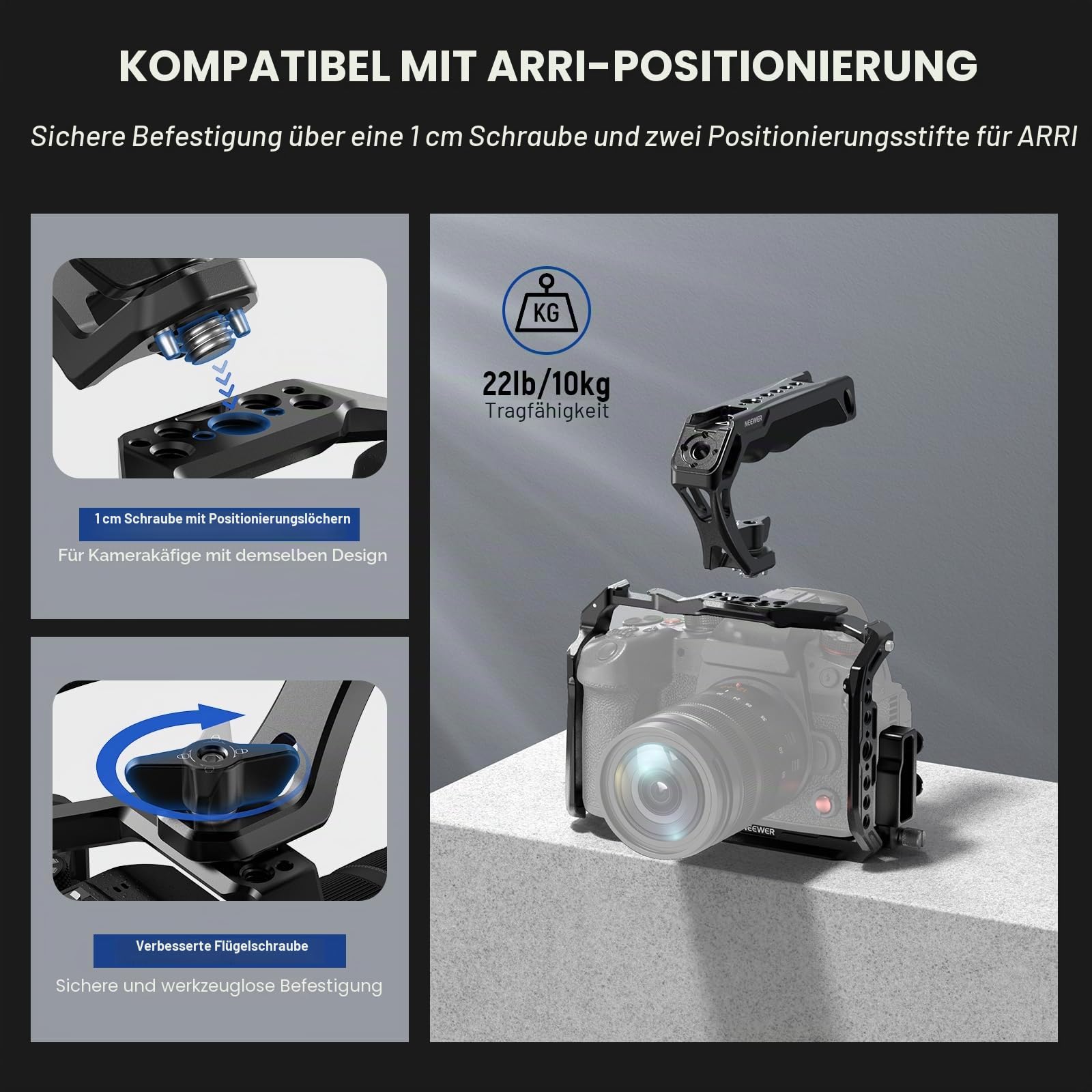 NEEWER Kameragriff mit 9,5 mm Flügelschraube & Locating Pins für ARRI, Rutschfester Silikongriff mit 6,35 mm & 9,5 mm Gewinden, Cold Shoes, kompatibel mit SmallRig Kamerakäfig Zubehör, CA107