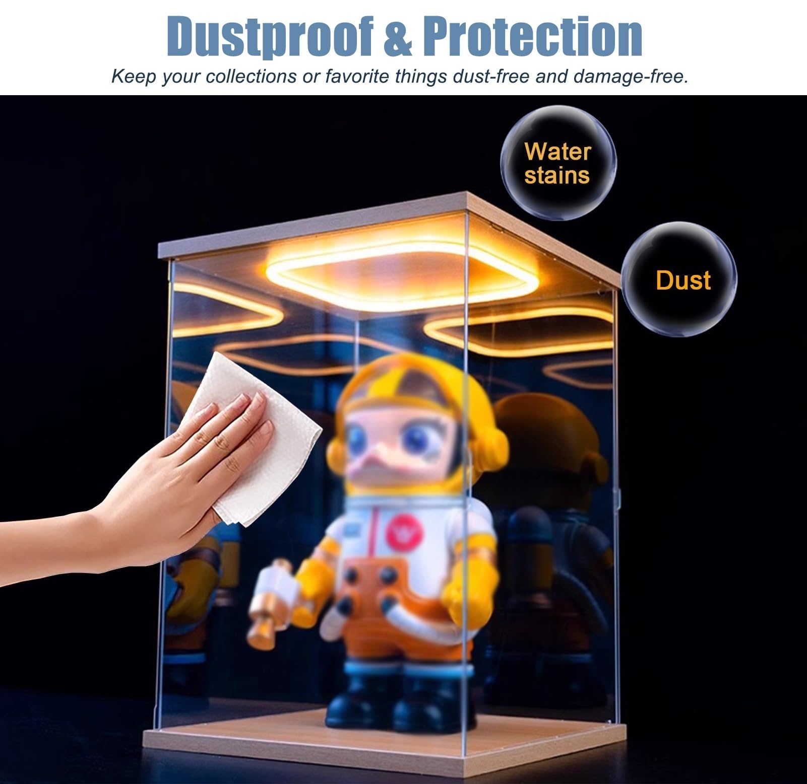 Acryl Vitrine Hohe LED-Acrylvitrine mit Beleuchteter Tür, PVC-Aufbewahrungsboxen für Sammlerstücke, Große Staubdichte Vitrine mit Holzsockel, für Puppen Und Figuren(40x40x60cm/16x16x24in)