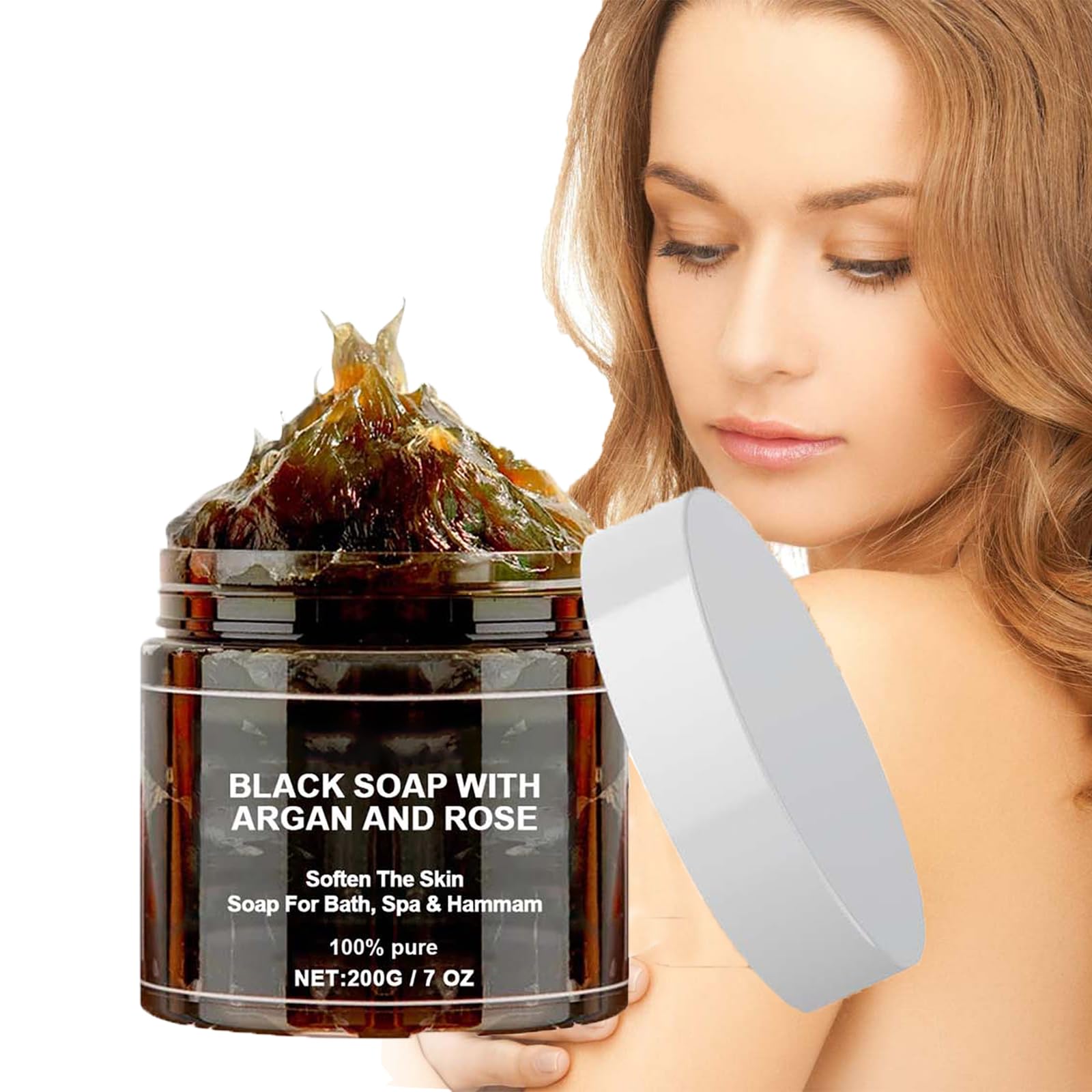 Sapone Nero Marocco con Argan e Rose,Morocco Black Soap,100% Sapone Nero Marocchino Organico,Sapone Nero Scrub Corpo Sapone,Sapone Esfoliante Saponetta Nera,Peeling Gel Doccia per Pelle Morbida