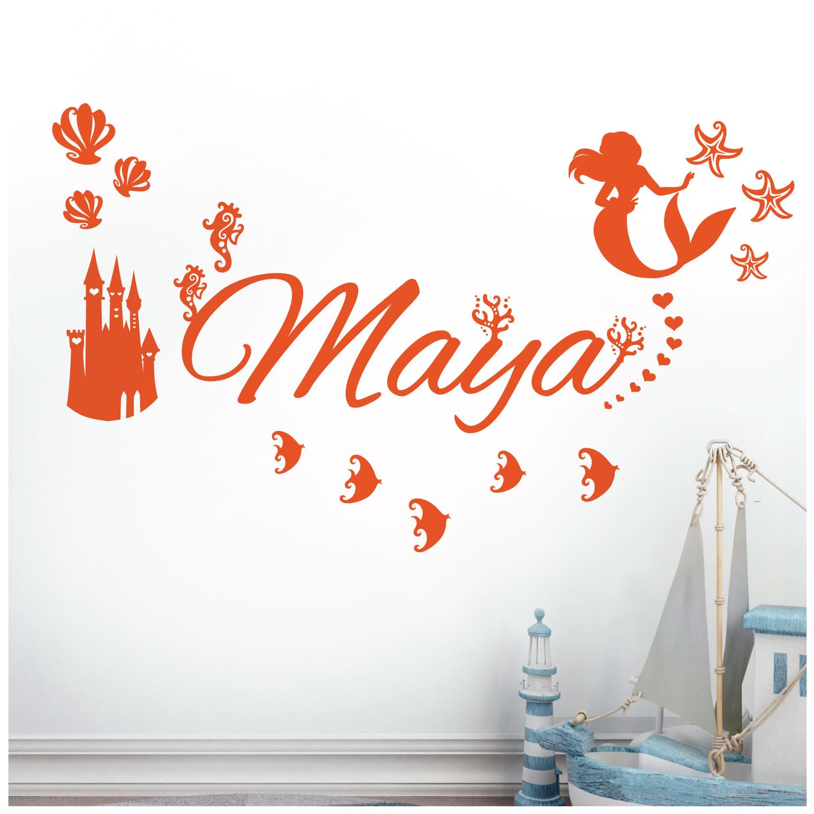Personalised Name - Little Mermaid Inspired, Ocean, Castle, Starfish - Children's Bedroom Vinyl Wall Decal Sticker [Medium] [Orange]