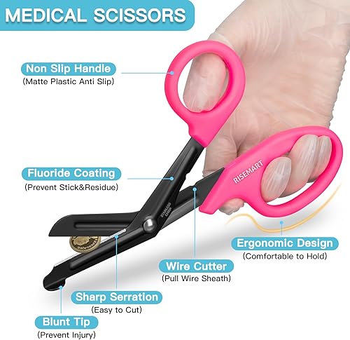 Miniatura 20 de Tijeras de trauma – RISEMART Tijeras médicas vendaje para enfermeras, 7.5 pulgadas, cuchillas antiadherentes recubiertas de fluoruro de acero Negro