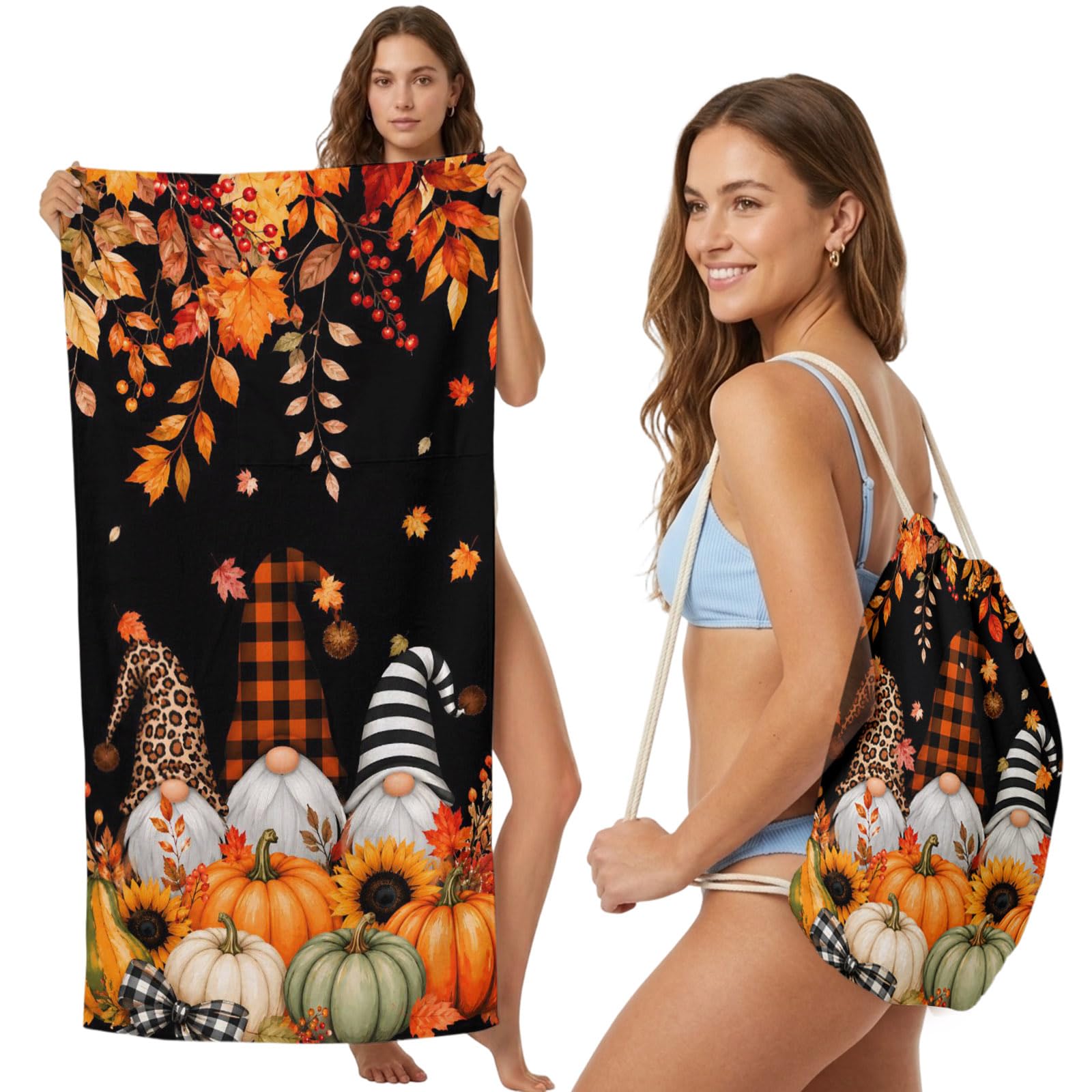FWJZDSP 2-in-1 Beach Towel Backpack,Autumn Thanksgiving Pumpkins Bath Towel with Built-in Storage Three Fall Gnomes Convertible Foldable Beach Blanket for Travel Pool Gym Camping Swim,31x63in