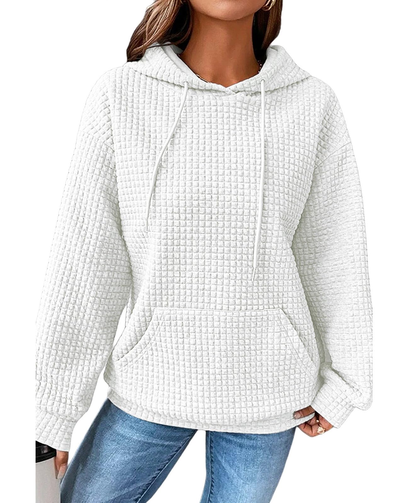 SELINK Hoodies For Women Casual Pullover Waffle Long Sleeve Drawstring Hooded Sweatshirt with Pocket White-XL