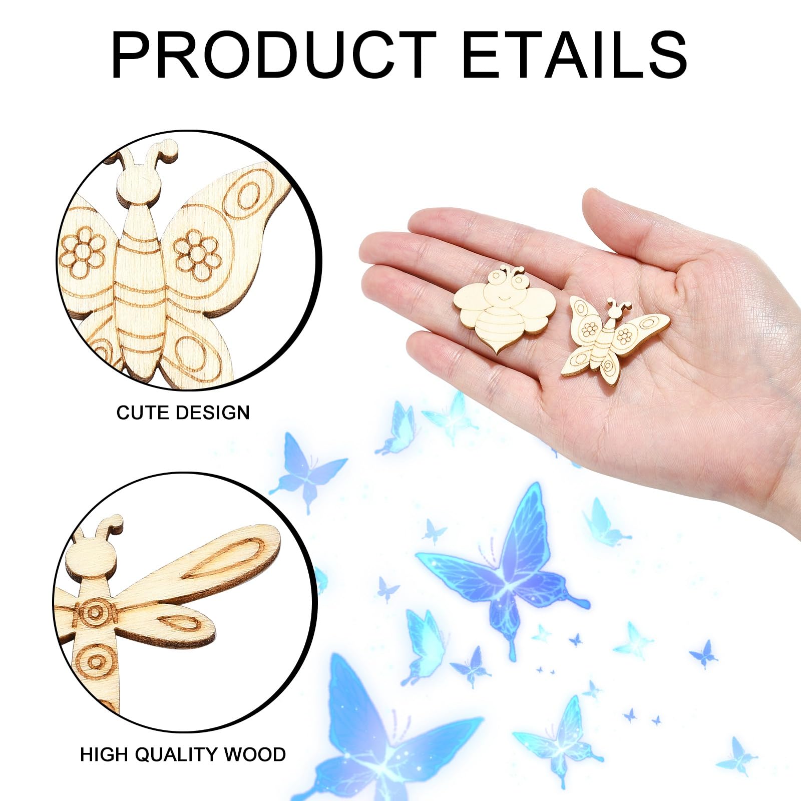 UR URLIFEHALL 200 Pcs Unfinished Wooden Cutouts Insect Butterfly Bird Shapes Wooden Craft Embellishments for DIY Scrapbooking Decoration - Image 3