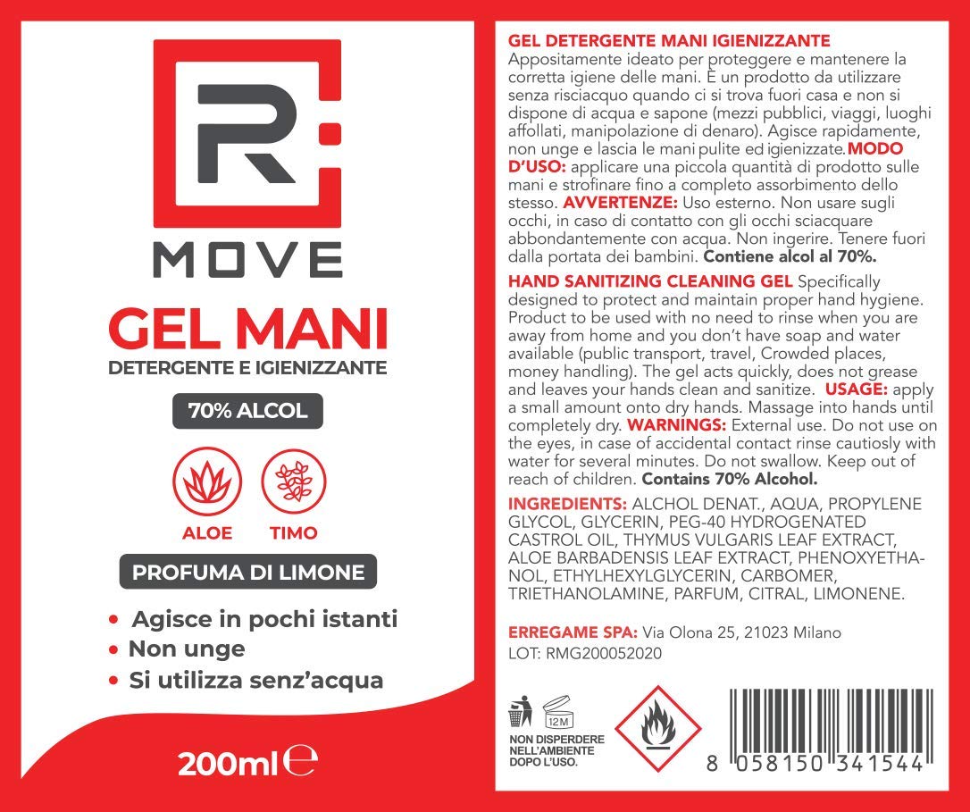 RMOVE 4 flaconi 200ml gel igienizzante mani 70% ALCOL profumato al limone con Aloe e Timo