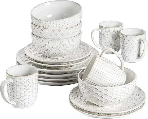 LE TAUCI 16 Piece Dinnerware Set, Arctic White, Stoneware Plates and Bowls With Mugs, Ideal for 4, Serve for 4, Stackable, Lead and Cadmium Free