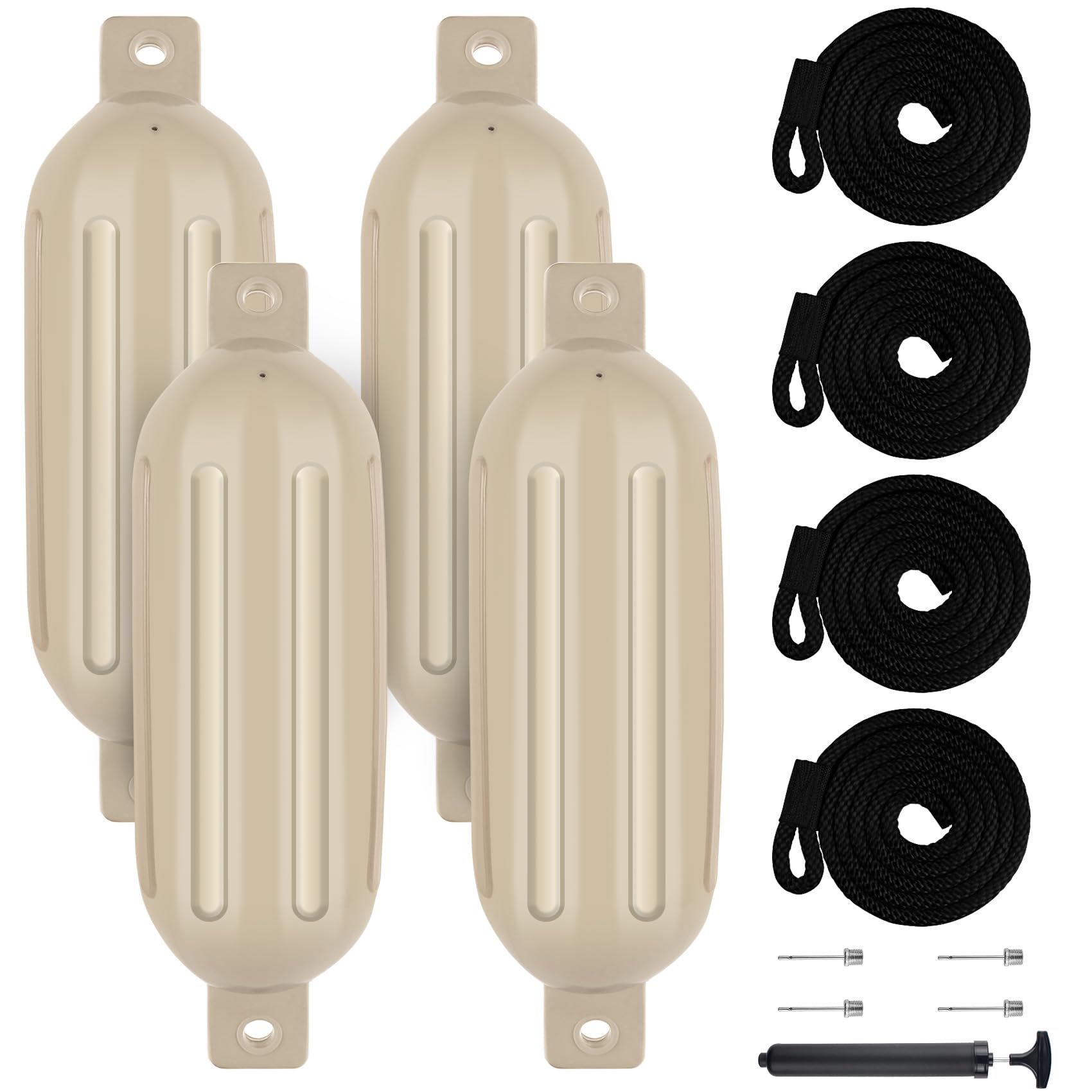 VEITHI Boat Fenders 4 Pack, Ribbed Twin Eyes Vinyl Boat Fenders Bumpers, Boat Bumpers for Docking Come with Ropes Needles and Pump to Inflate, Small Bumpers of Boats 4.5 x 16 inch Sand