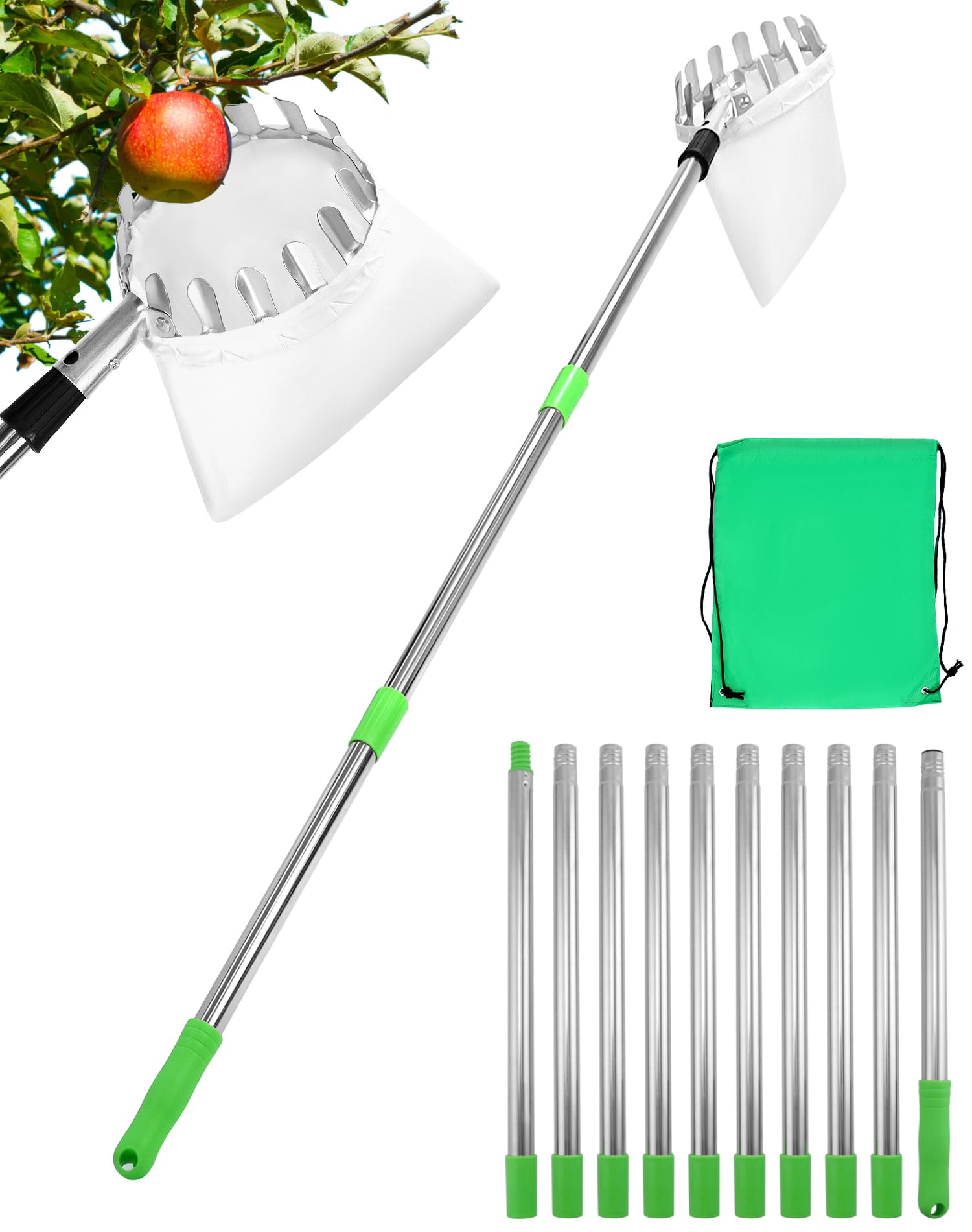 QWORK® Raccoglitrice di Frutta 4M con Manico telescopico, Acciaio Inossidabile, Strumento raccoglifrutta