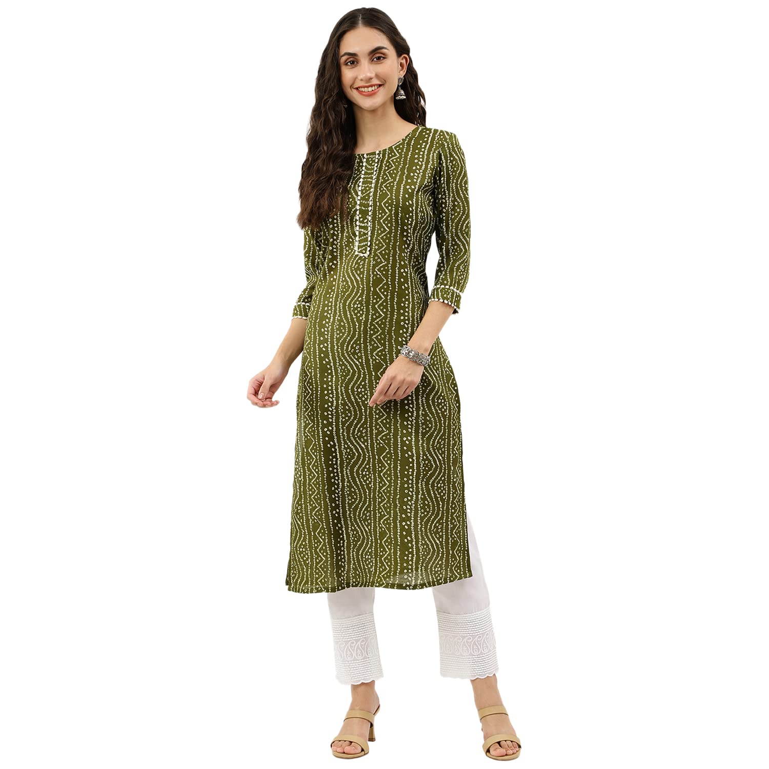 Nainvish Women's Cotton Blend Straight Round Neck Printed Kurta (Sd359_K-M_Green)
