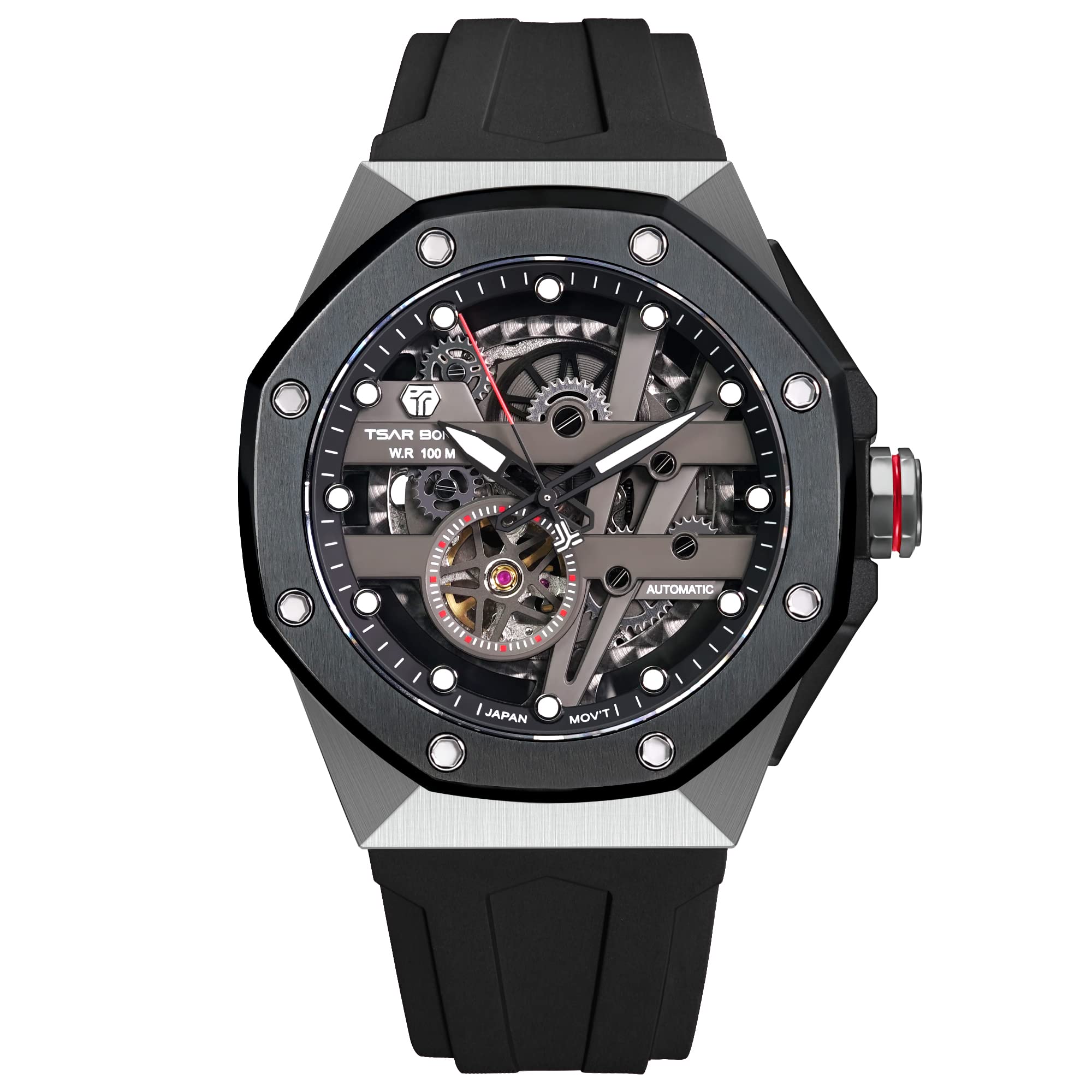 TSAR BOMBA Watches for Men Mechanical Mens Automatic 100M Watch, Analogue Skeleton Diver Self Wind Wrist Watches Men Octagon Dial Luxury Dress Business Watch with FKM Rubber Bracelet Strap, Black-01, Diver,Mechanical (B0B71Q1X6R) Amazon Price History, Amazon Price Tracker
