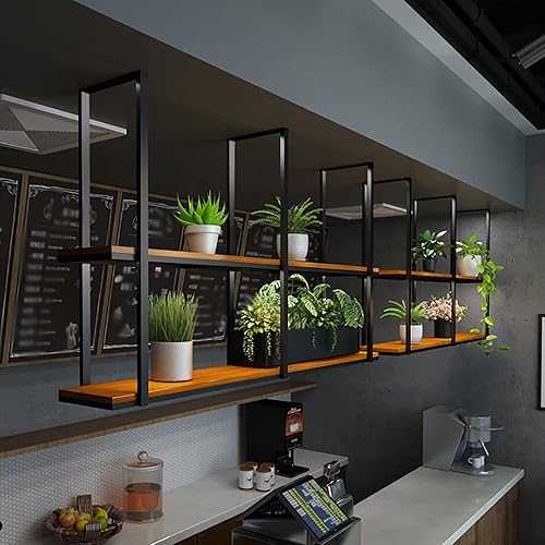 Miniatura 5 de Shelves Hanging Floating Shelf - 2 Tier Solid Wood Ceiling Shelf Wrought Iron Plant Rack, for Display Plants, Books, Tableware, Decorative Rack,