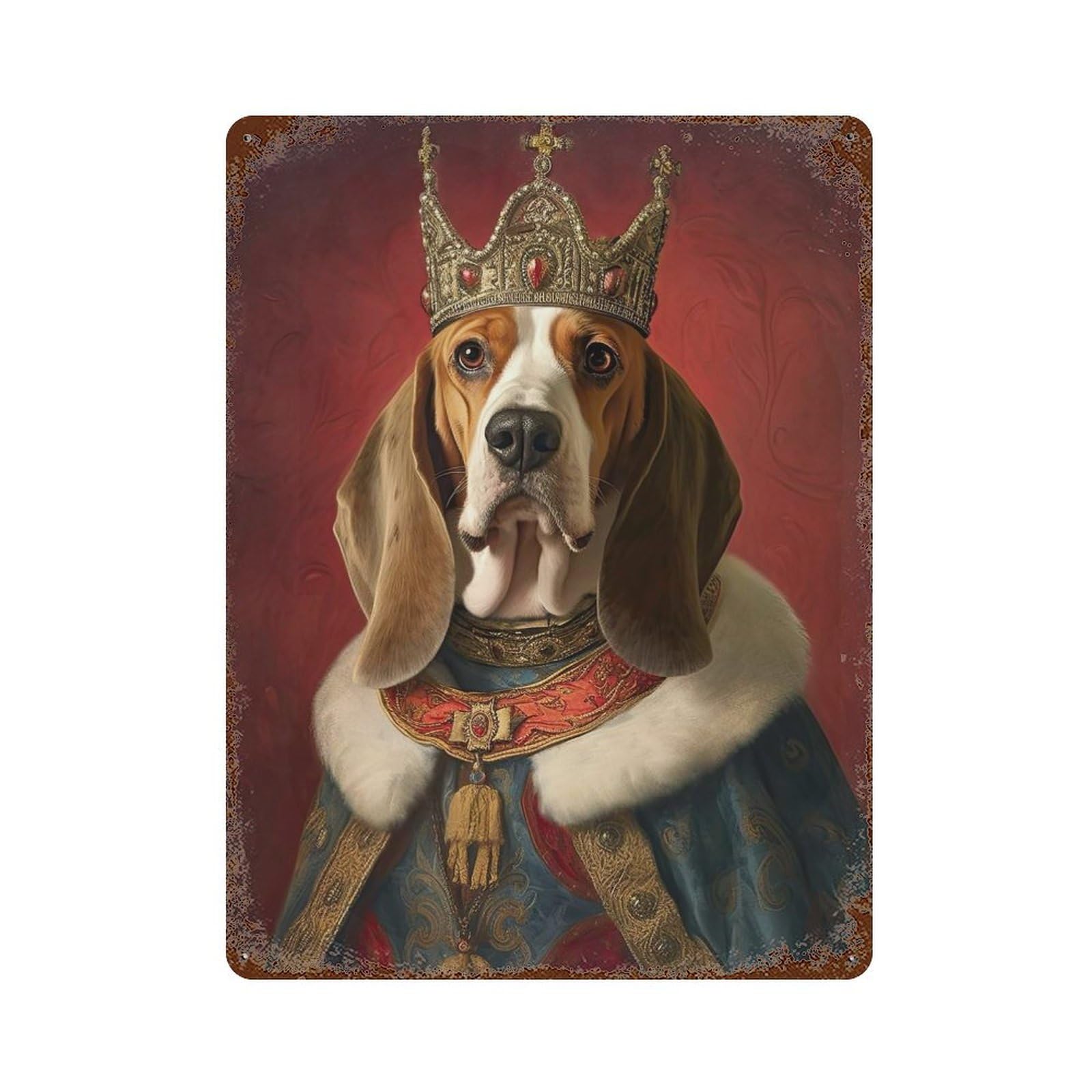 Basset Hound The King Aged Metal Wall Plaque 15.7"x11.8", Ideal for Patio, Garden Room And Bar Decor