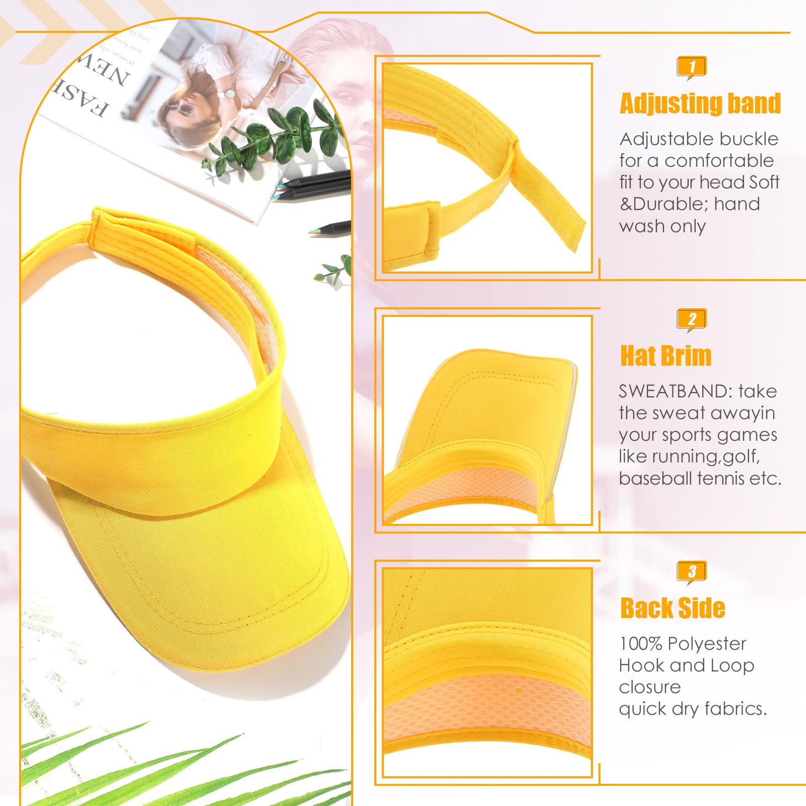 Lot de 24 visières en vrac pour femme - Chapeau de soleil - Protection UV - Pour le tennis, le baseball, le golf, jaune, Taille unique