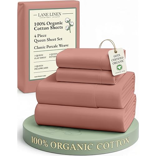 LANE LINEN 100% Organic Cotton Queen Sheets, Eco Friendly Mercerized Cotton Fully Elasticized Bedding Sheets & Pillowcase Set, Low Pill Fade Resistant Naturally Cooling Bedding Queen Size- Rose Dawn