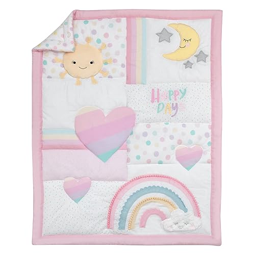 Miniatura 2 de NoJo Happy Days - Juego de ropa de cama para cuna de cuarto de bebé, color rosa, blanco y amarillo, 4 piezas, edredón, sábana bajera ajustable 100%