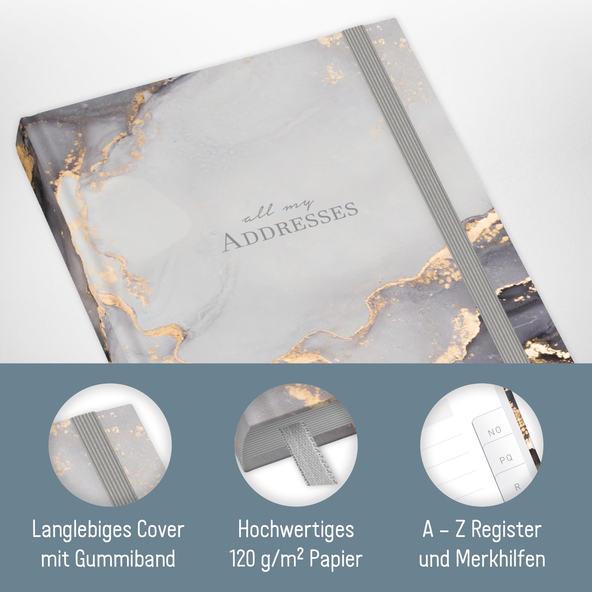 Paper&You® Address Book A6+ with A-Z Index and 120 g/m² Premium-Paper "Grey Marble" for Contacts Birthdays & passwords - Image 2