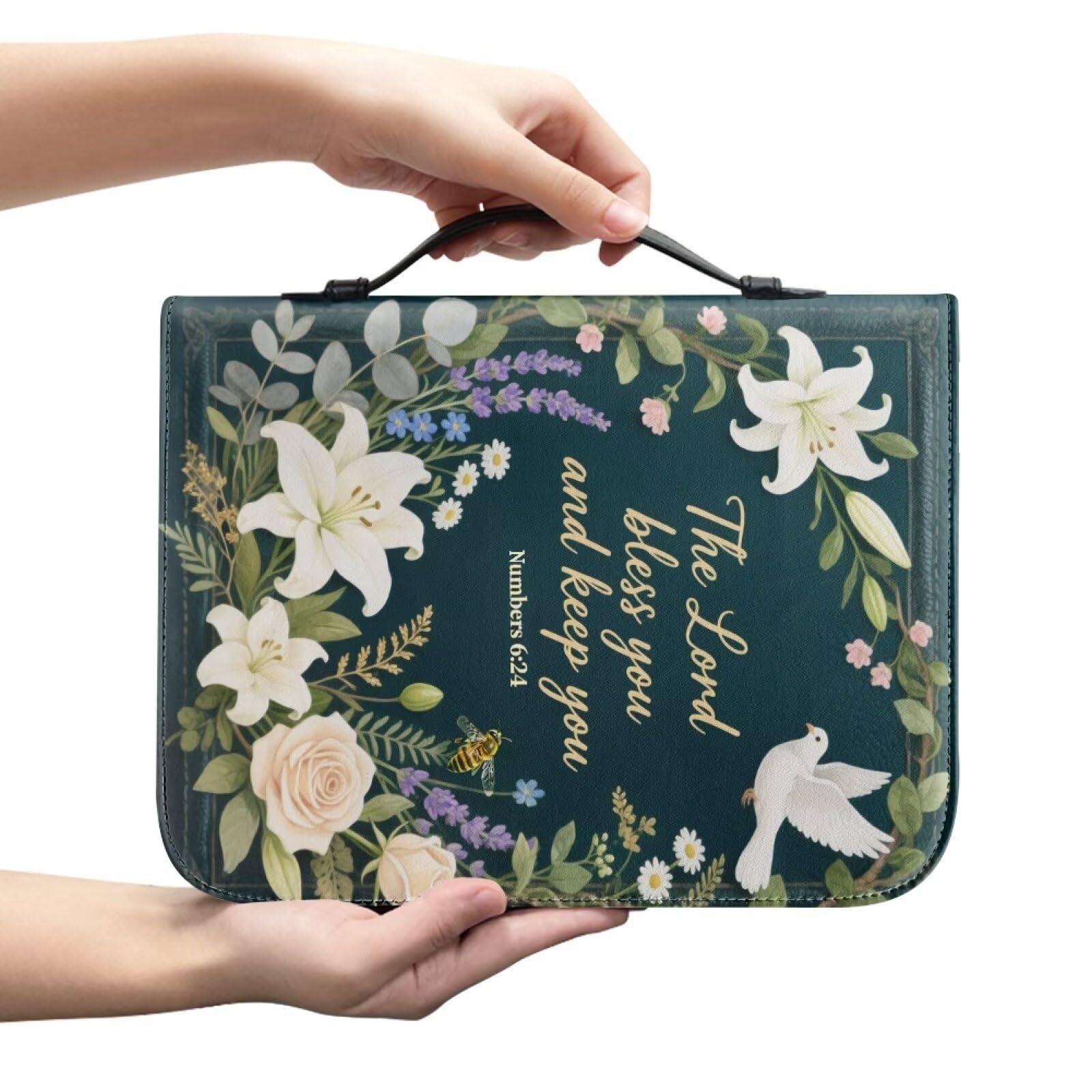 Kuiaobaty Lord Quote Bible Bag Book Cover with Bookmark, Dove Flowers Leather Bible Covers Bag with Handle for Women, Numbers 6,XL — image 1
