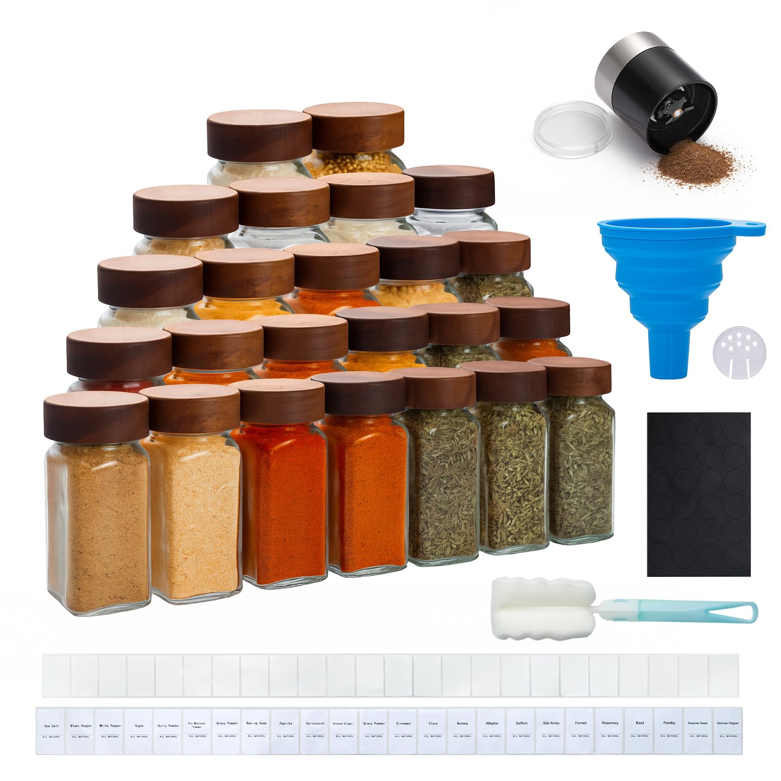 BLUE BAZAAR Glass Spice Jars Set 120ml Clear Kitchen Storage Jars with Airtight Wooden Lids, Glass Spice Jars Funnel & Chalkboard Labels – Seasoning Containers for Herbs & Spices (Wood Lid, 24PCS)