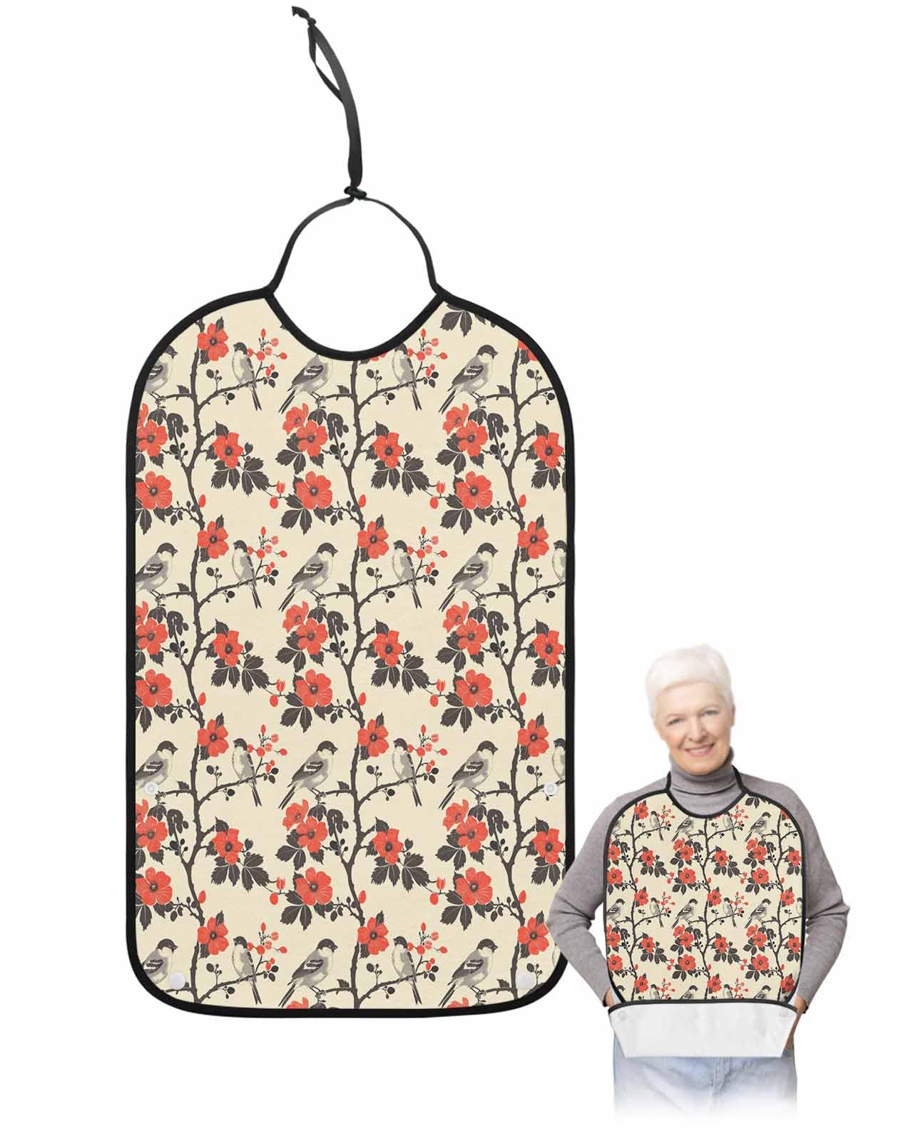 LEOKOTI Red Spring Floral Adult Bibs for Eating, Waterproof Bibs with Food Catcher & Adjustable Snap Closure, Vintage Birds Summer Botanical Washable Clothing Protectors Adult Bibs for Elderly