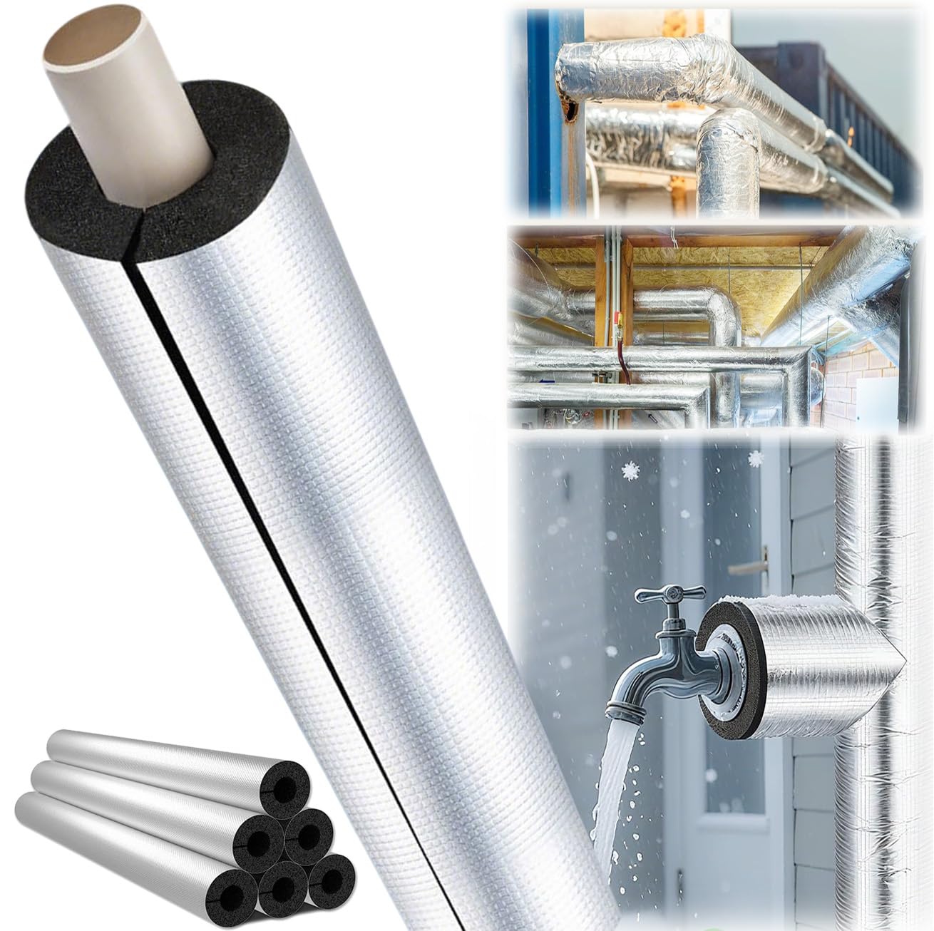 Tubo de Espuma, Fundas de Aislamiento Térmico para Tuberías Exteriores, Coquilla Aislante de Papel de Aluminio Autoadhesivo, Aislamiento para Tubos de Agua y Calefacción (ID)219mm x (T)10mm x (L)0.95m
