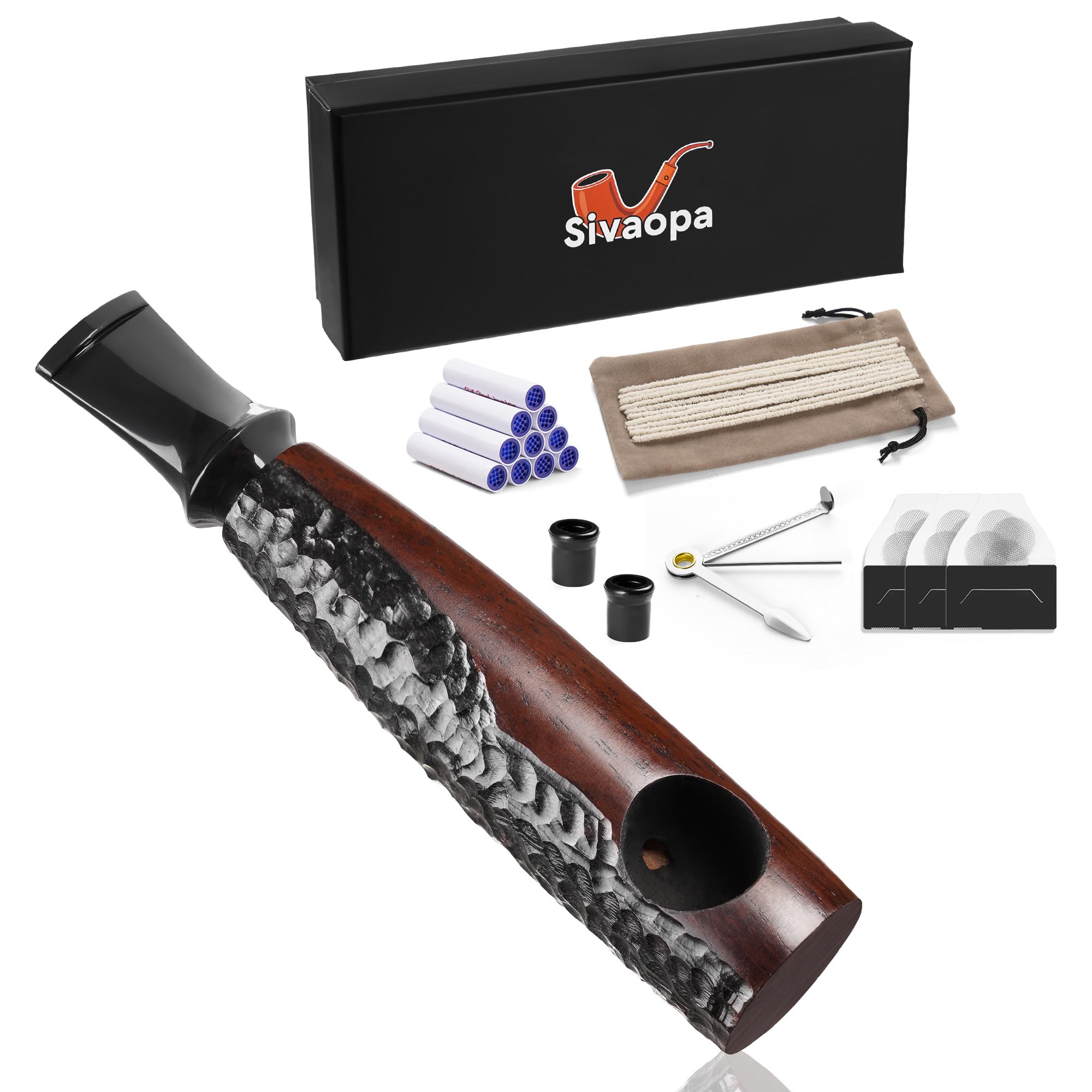 Sivaopa Ebony Tobacco Pipe – Handmade Wooden Pipe with Filters and Cloth Pouch, Curved Stem Design, Travel-Friendly Gift for Home or Office Use