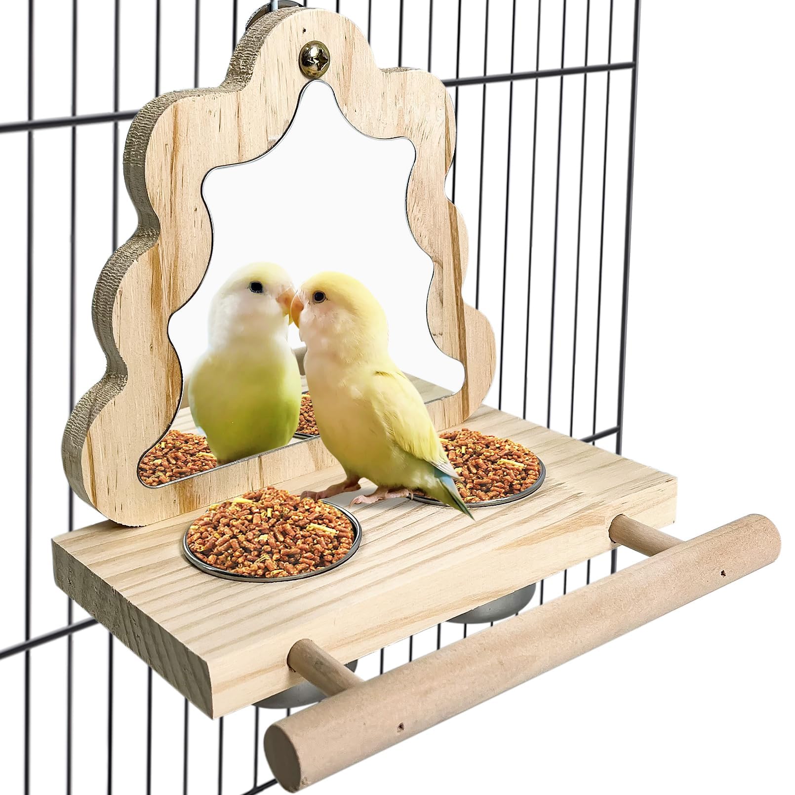 Kathson Parrot Perch with Mirror and Stainless Steel Feeding Cups Stainless Steel Parrot Bowls Food Water Bowls with Bird Food Holder for Cockatiel Parakeet Macaw Finches Lovebirds