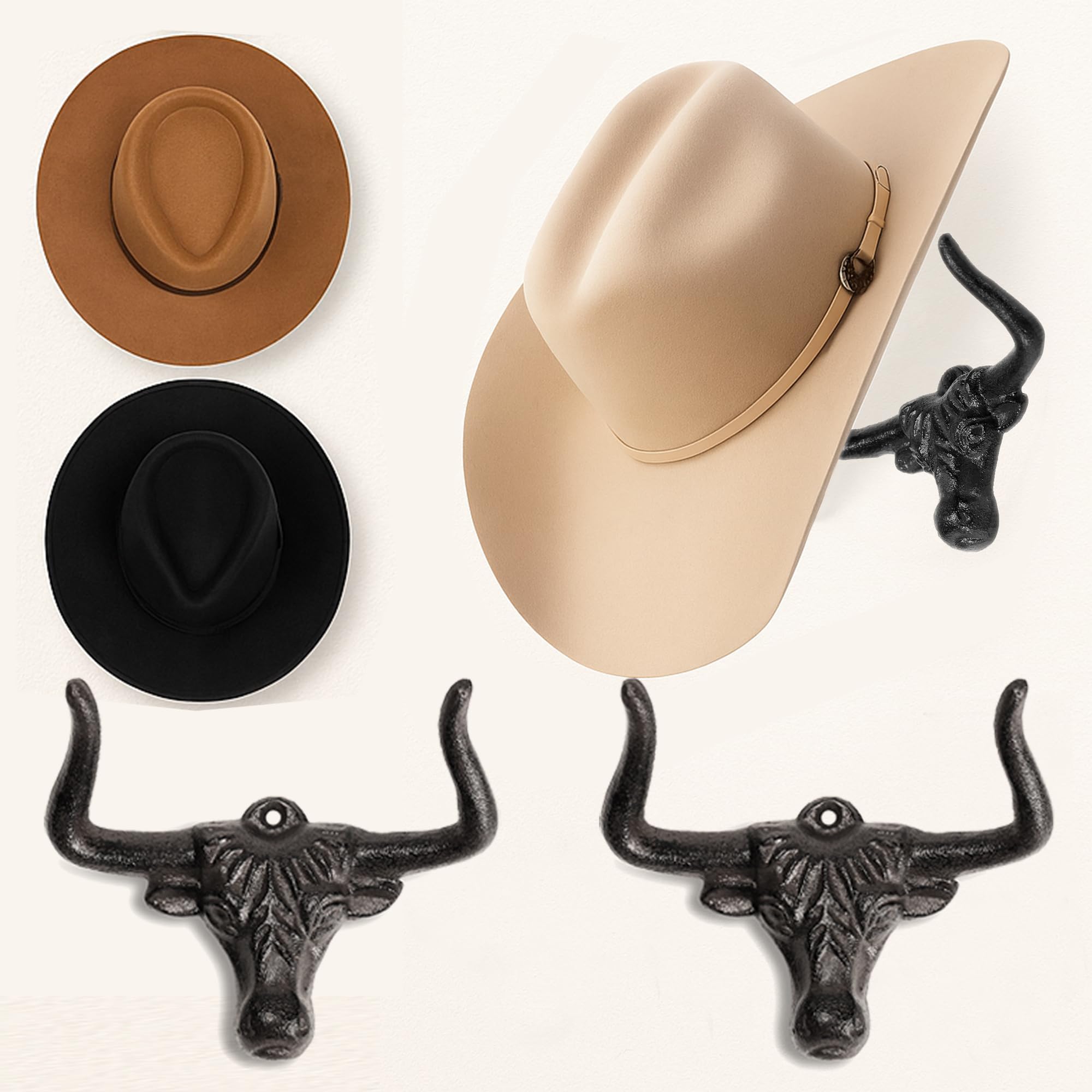 Cowboy Hat Rack for Wall Longhorn Hat Hooks Cowboy Hat Holder for wall Cast Iron Metal Wall Decor Rustic Cowboy Hat Hanger for Storage Closet Bedroom Living Room Rust Western Gifts (Rust, 2 Pack)