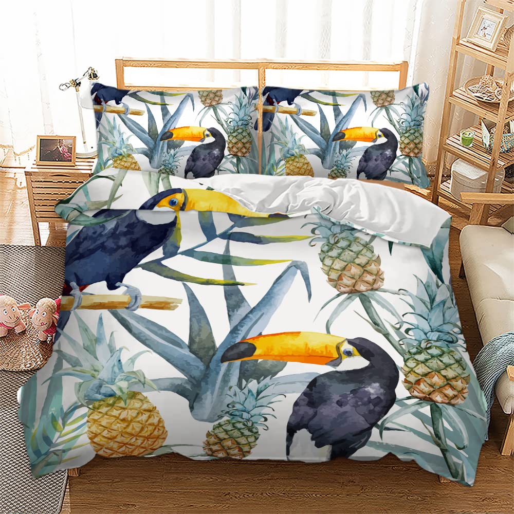 Lunoroey Tropical Duvet Cover Double Bed Toucan Bird Pineapple Print Bedding Set including Pilowcase Soft Easy Care Quilt Cover Set including Zipper Closure