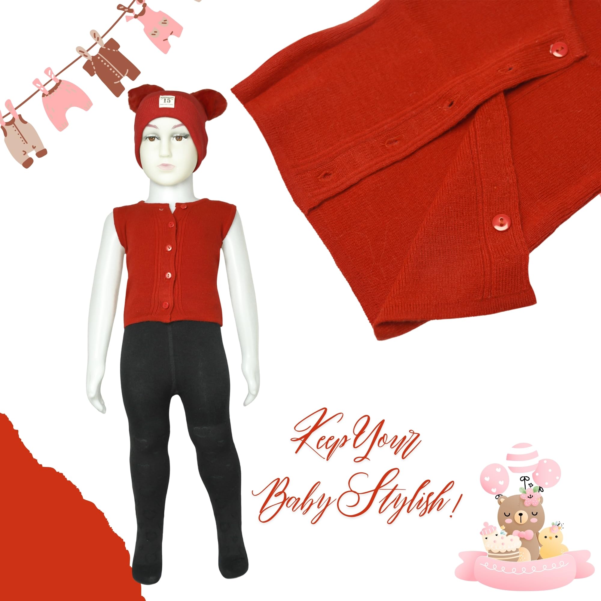 THE LITTLE LOOKERS Front Open Half Sleeves Sweaters/Inner/Bandi/Wollen Vest for New Born Babies/Infants(3-9 Months) (Red & White) - Image 6 thumbnail