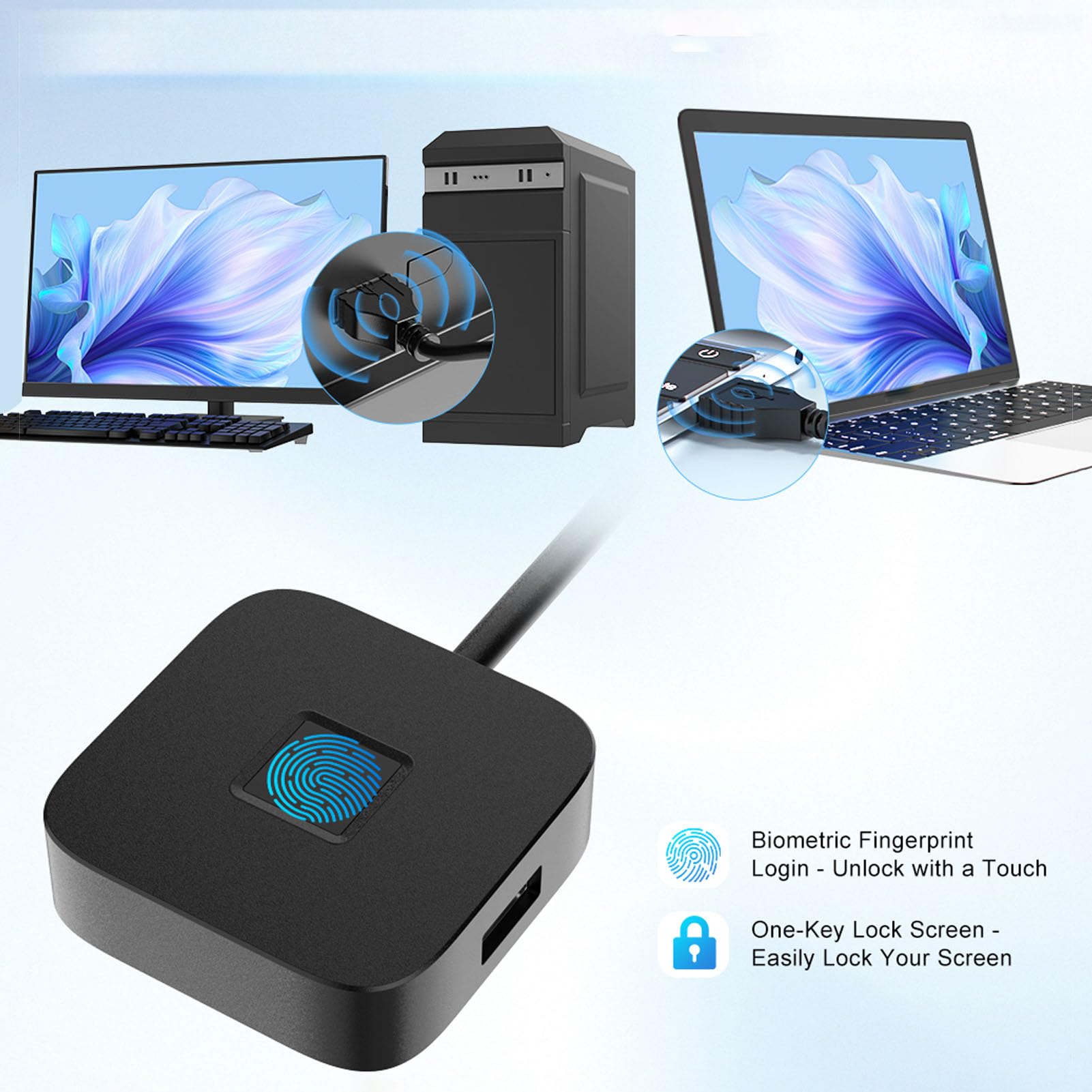 Fockety USB-Fingerabdruckleser, Berührungsschnell Passender Biometrischer Fingerabdruckscanner mit 360-Grad-Erkennung und Selbstlernendem Algorithmus, für 10 11 PC-Laptop (Black)