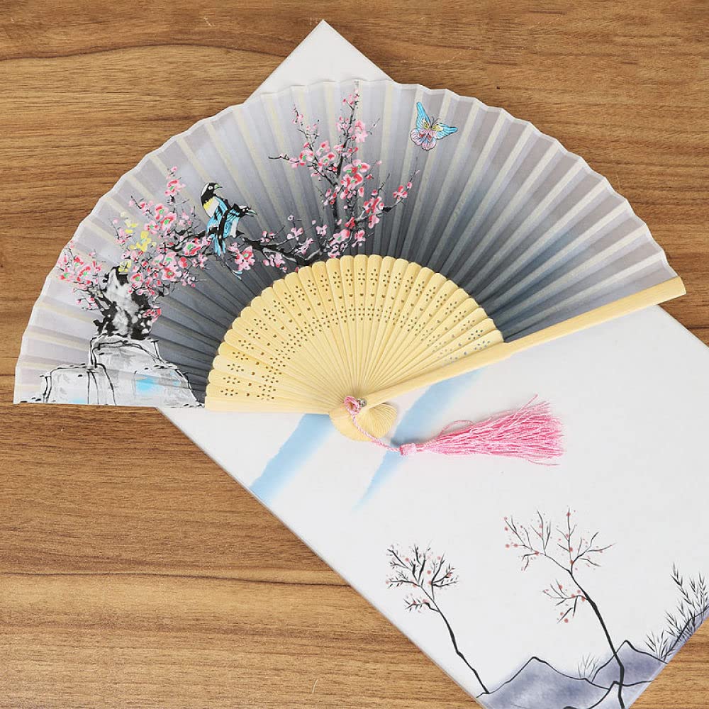 NZPOST Hand Fans For Women Foldable, Handmade Bamboo Fans Elegant Plum Branch Grey Silk Hand Held Fans With Tassel Oriental Cloth Fabric Chinese Fans