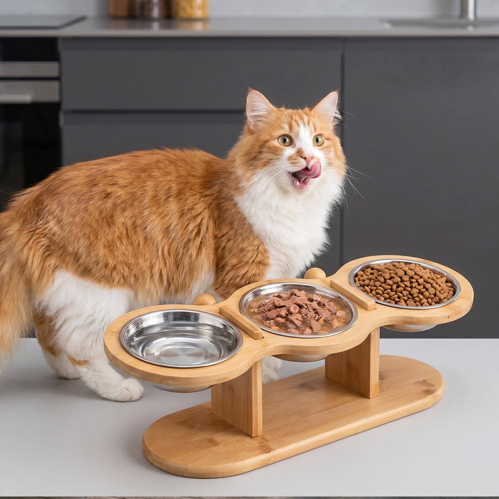 Surélevée Bol Chat Gamelle Chat avec 3 Bols en Acier Inoxydable, Hauteur Réglable–Support pour Eau et Nourriture Adaptée Aux Chats Et Petits Chiens