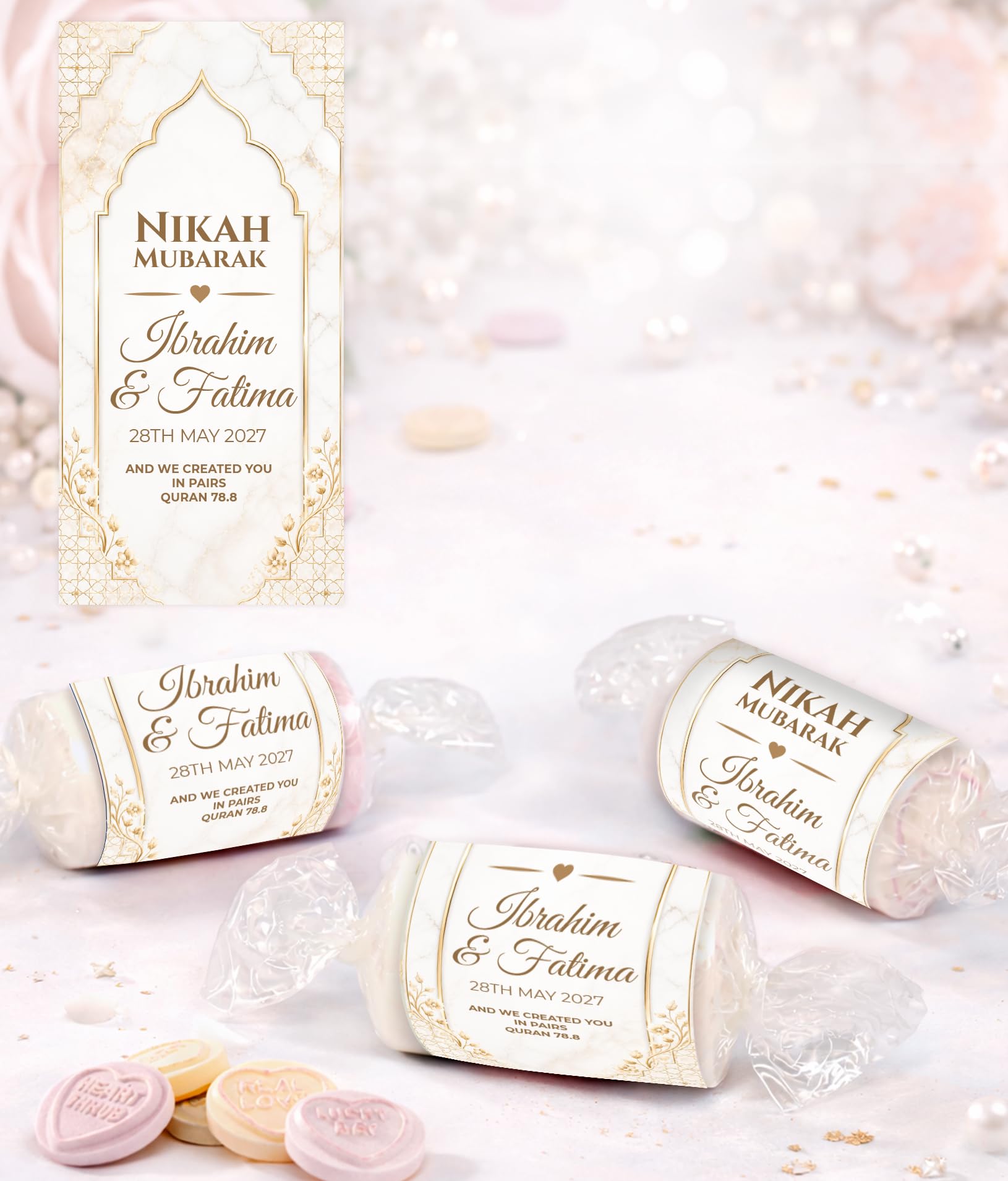 Personalised Nikah Mubarak Wedding Favours Love Hearts Sweets, Custom Wrapped Mini Sweets, Muslim Wedding Favours, Ready Wrapped Table Favours UK Vegan, halal suitable (ph81 White Marble Gold)