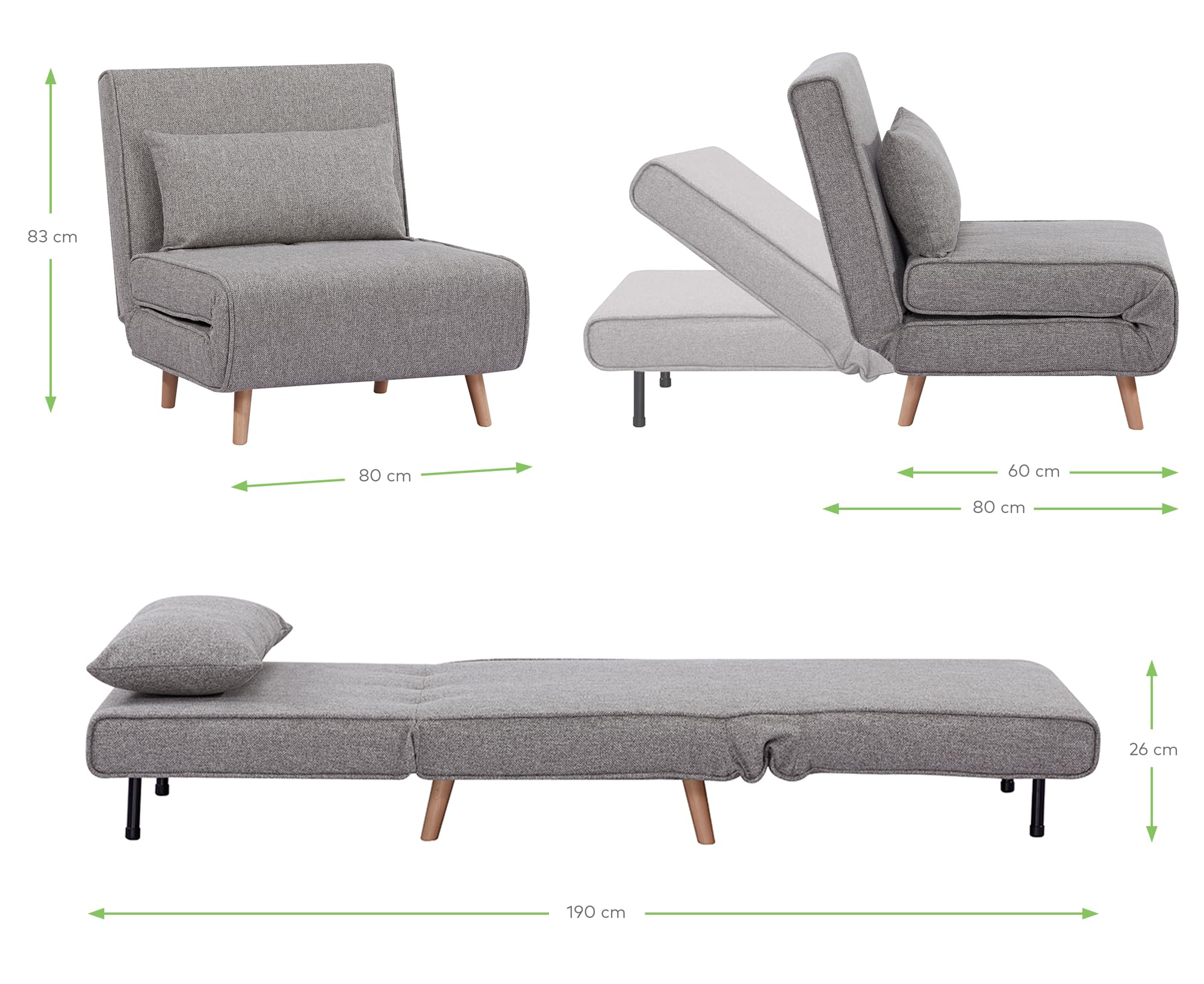 EVERGREENWEB Poltrona Letto Singolo con Cuscino Imbottito INCLUSO, Tessuto Grigio Chiaro, Divano 1 Posto Salvaspazio Pieghevole, Pouf Poggiapiedi, Schienale Regolabile Clic Clac, Gambe in Legno, FOLDY