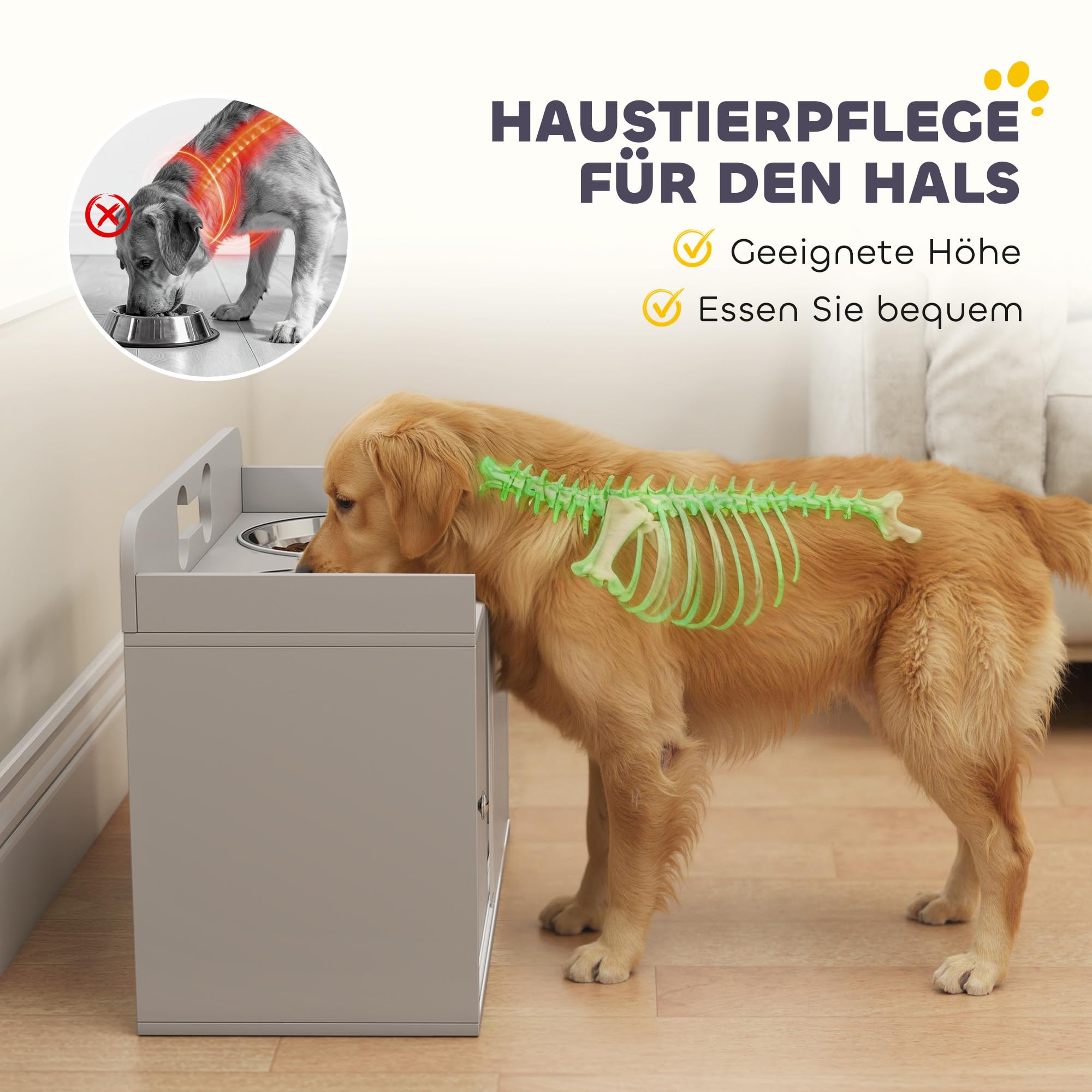 PawHut Hundenapf erhöht Futternapf mit 50L Aufbewahrungsschrank, 2 Schüsseln aus Edelstahl mit Anti-Rutsch-Ringe, Schiebetüren, Futterstation mit Langsamfutternapf für große Hunde, Grau