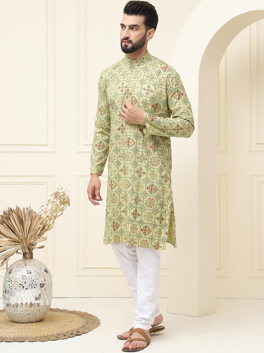 Sojanya (Since 1958 Men's Cotton Blend Pista Green Printed Kurta And White Churidar Pyjama Set