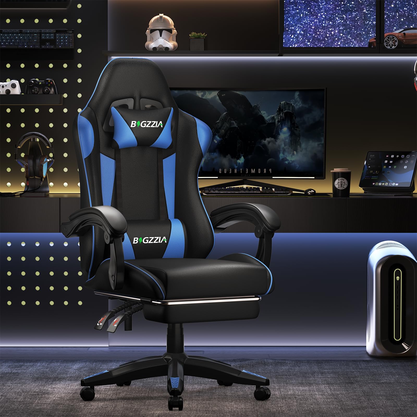 bigzzia Gaming Stuhl mit Massagefunktion, Gaming Chair mit Fußstütze Blau | Mit Fußstütze/Kopfstütze/Lendenwirbelstütze, 90°–135°Verstellung, Zocker Stuhl für Arbeit Freizeit Gaming, aus PU-Leder