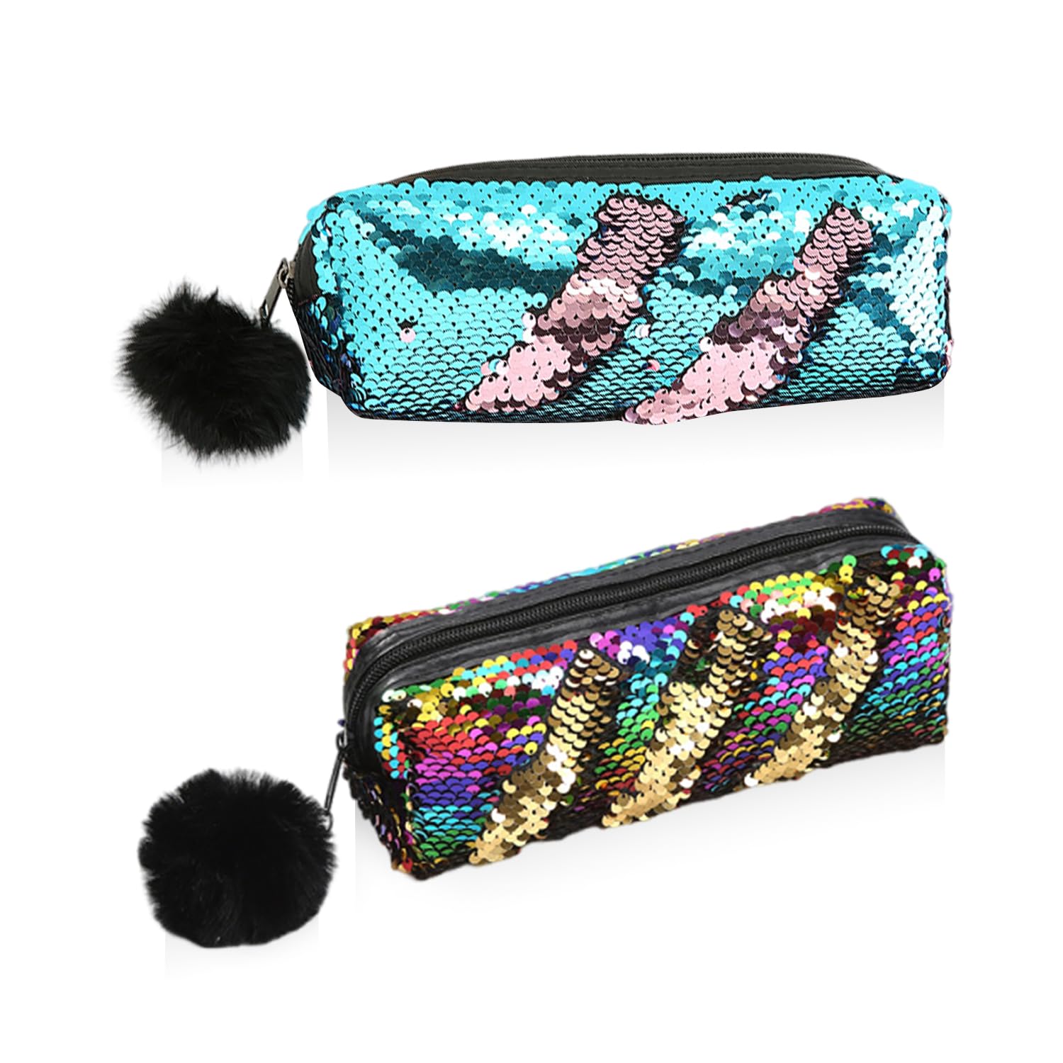 CYNOSURETECH 2 Pieces Fur Ball Sequin Pencil Case, Shiny Pencil Case, Creative Design Pencil Case, Girl’S Pencil Case