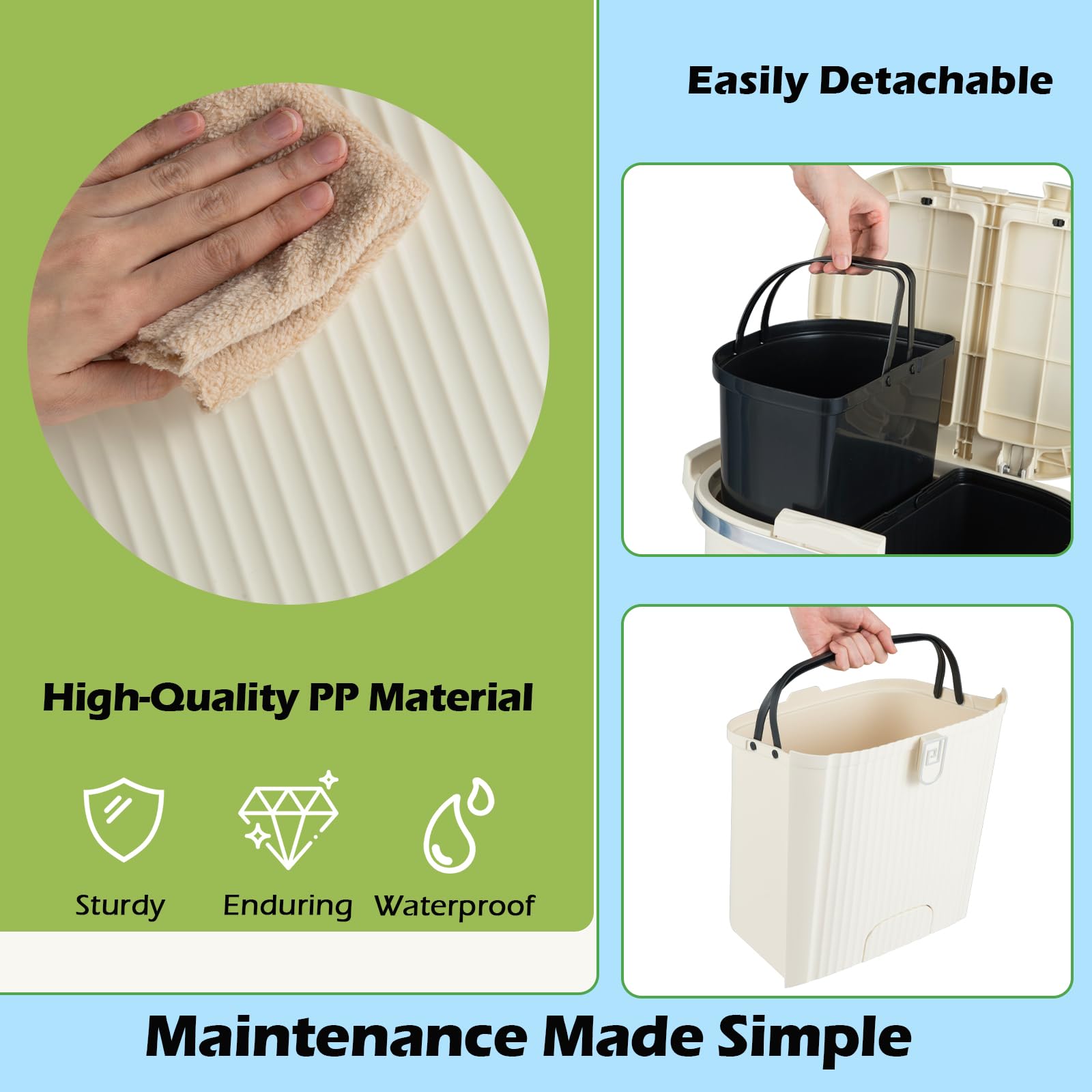 LIFEZEAL Cubo de Basura Reciclado de 38 L, de Plástico Beige, Diseño Vertical de 2 Capas con Pedal Oculto, Tapa a Presión, Ruedas con Frenos y Compartimentos para Clasificación de Residuos (Beige)