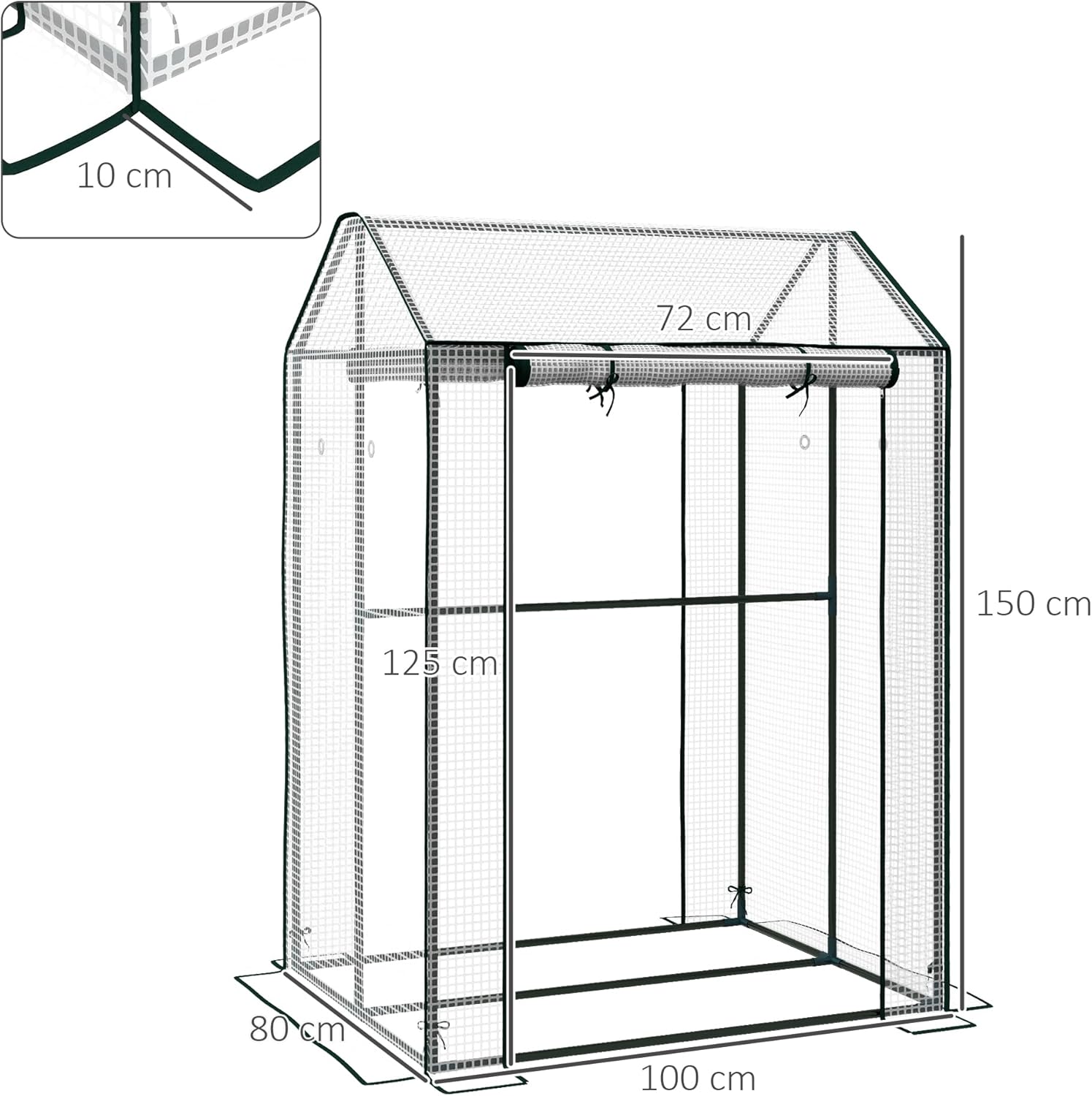 Diagram showing the dimensions of the Outsunny PE Garden Greenhouse: 100cm length, 80cm width, 150cm height, and 10cm extended edge for burying.