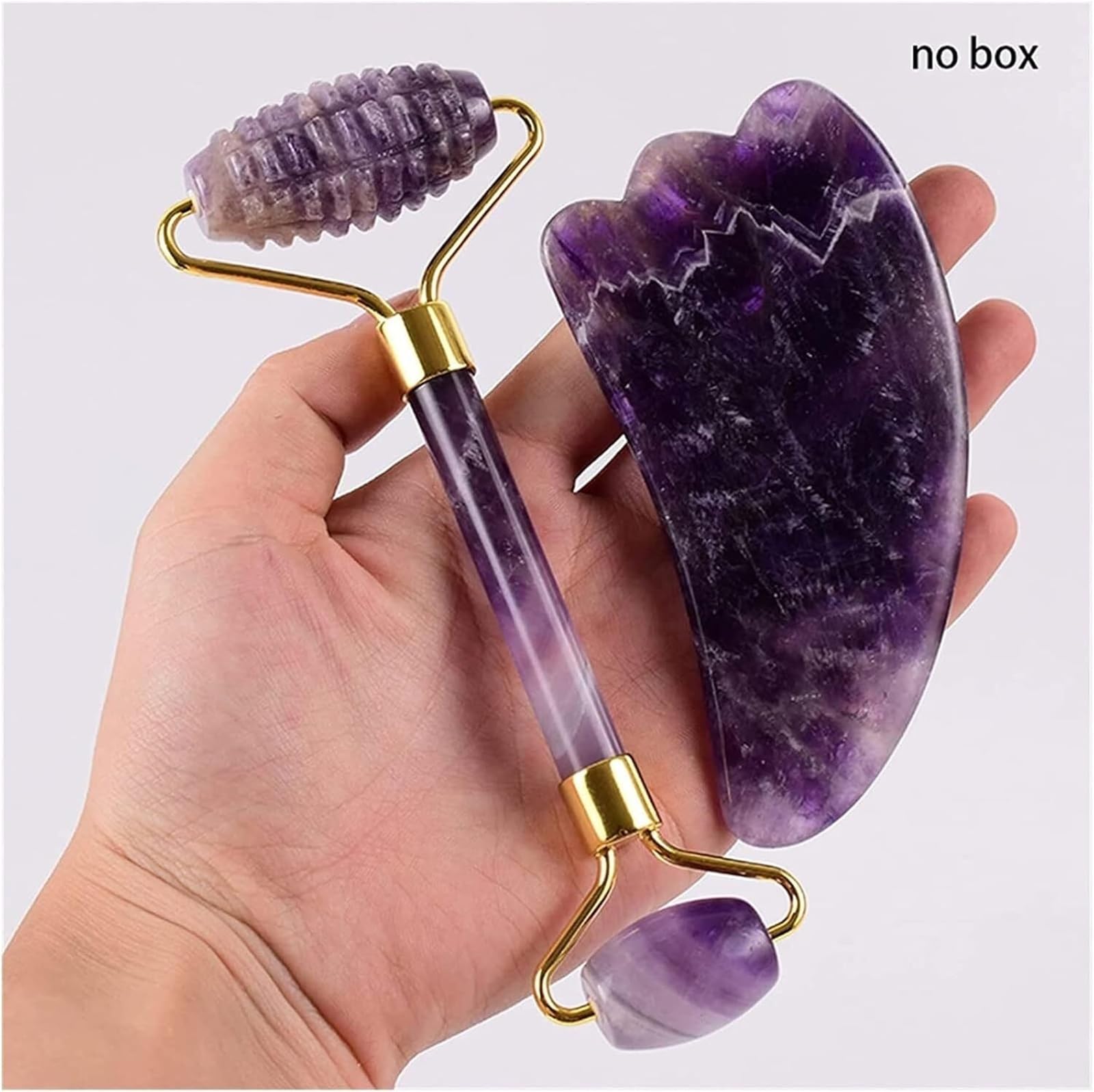 Gua Sha Stein, Amethyst Rohstein Amethyst Sägezahn Gesichtsroller Silikonkappen Gua Sha Pflegewerkzeug-Sets Naturstein Quarz Lila
