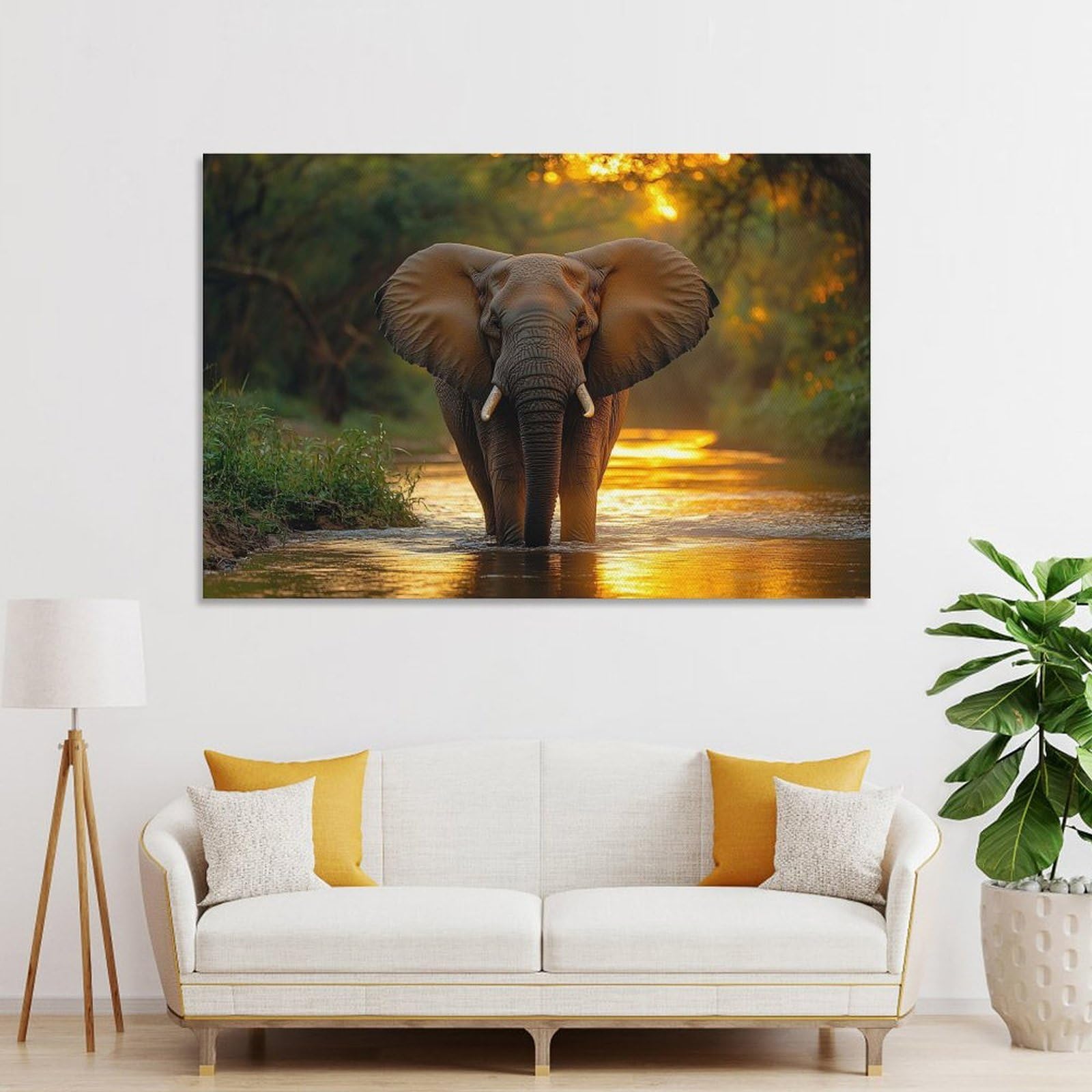 Junmoney Hanging Wall Art Elephant Wading through Golden River, 08x12inch(20x30cm), for Wall Displays, Bedrooms Or Room Updates, Wall Decor Suited to Curated Displays