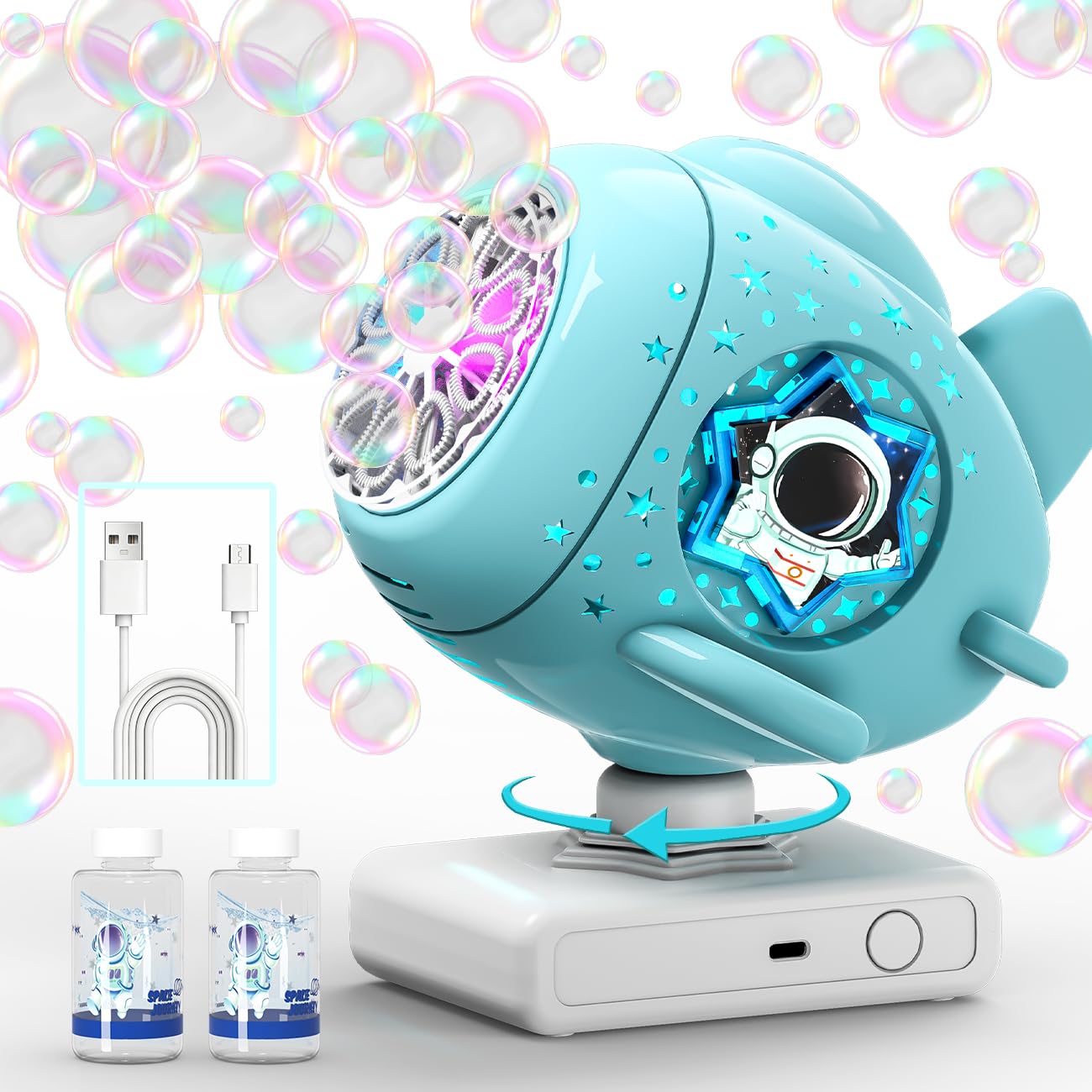 Cooldele Bubble Machine, Bubble Maker for Parties, USB-C Charging with 360° Automatic Rotation and LED Light - Bubbles Maker Toys Gifts for Kids, Birthday, Parties, Wedding, Boys, Girls
