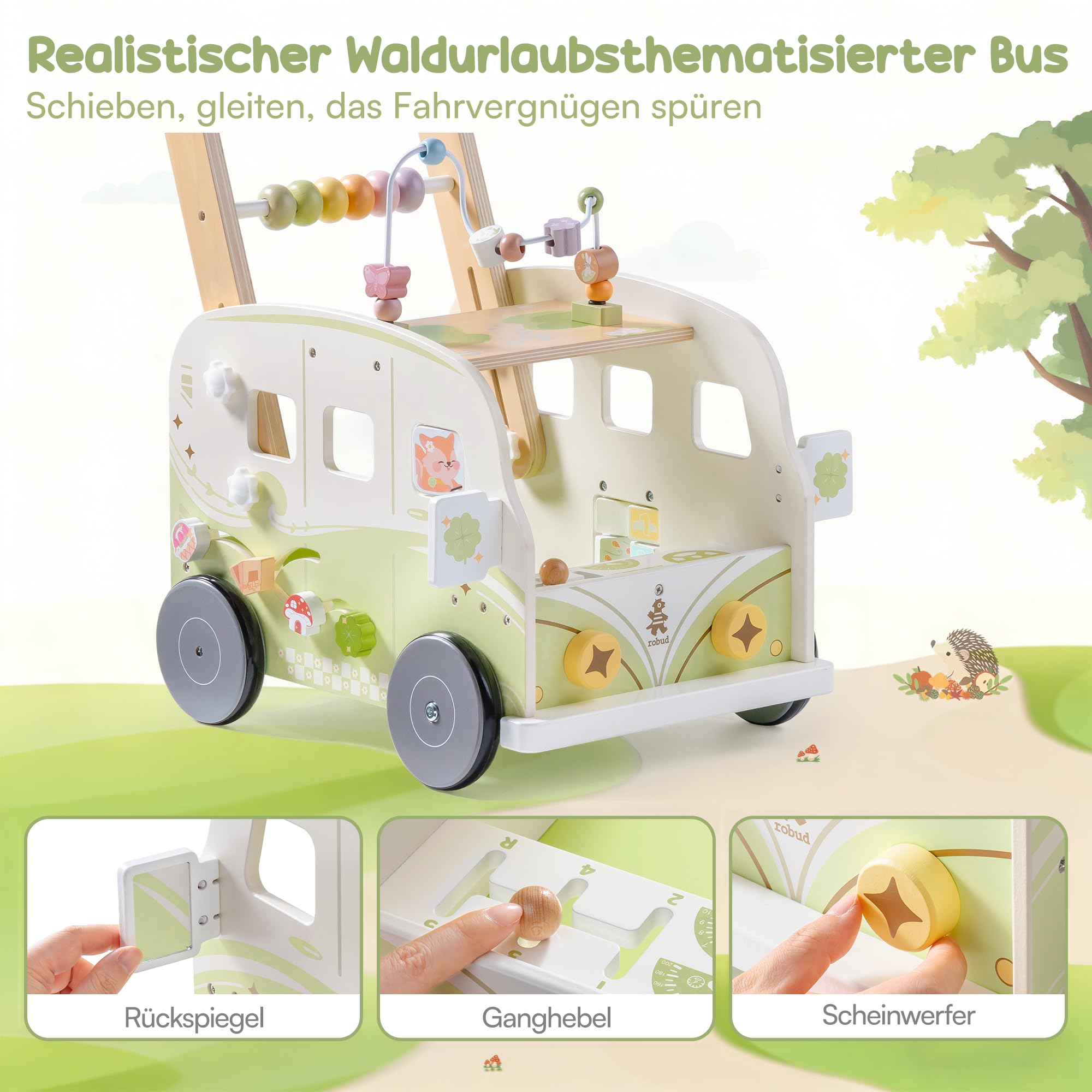 ROBUD Baby Lauflernhilfe Holz, Interaktiver Lauflernwagen, Einstellbare Geschwindigkeit & Höhe Baby Walker, Motorikspielzeug Geschenk für Kleinkinder ab 10 Monaten-1-2 Jahren