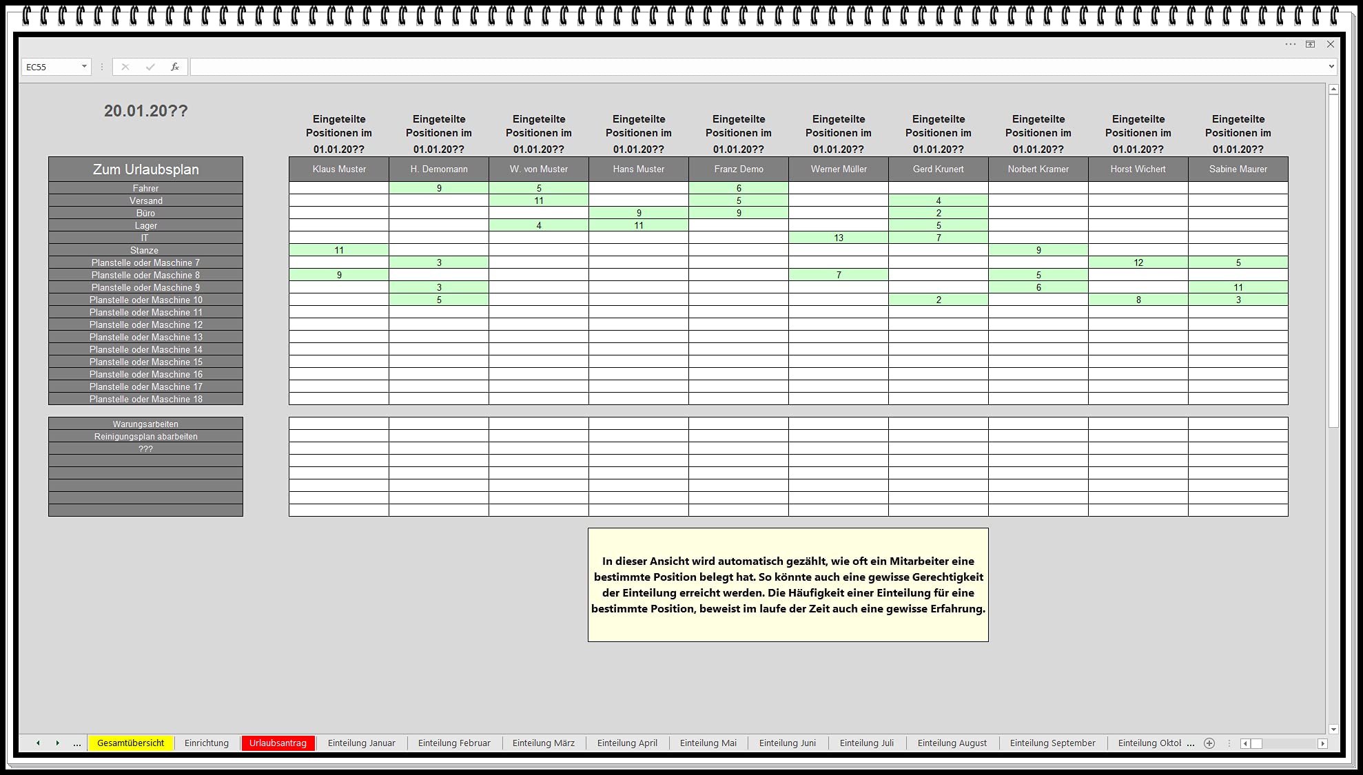 Belegungsplan für Maschinen oder Personal Dienstplan Schichtplan Einsatzplan erstellen in Excel